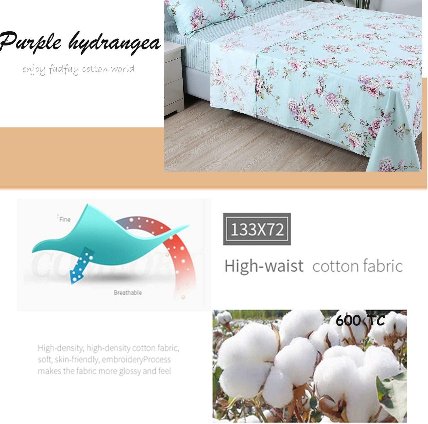 FADFAY French Country Bedding Set 7 Piece Queen Size Hydrangea Flower Sheet Set Blue Floral and Striped Premium 100% Cotton Soft Shabby Vintage Chic Deep Pocket, Queen