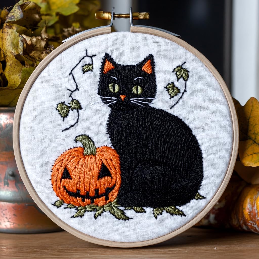 DIY Punch Needle Kits for Beginners Black Cat and Pumpkin with Hoop Embroidery Punch Needle Starter Set Easy for Adults and Kids Festival Gift and Decor 20x20cm