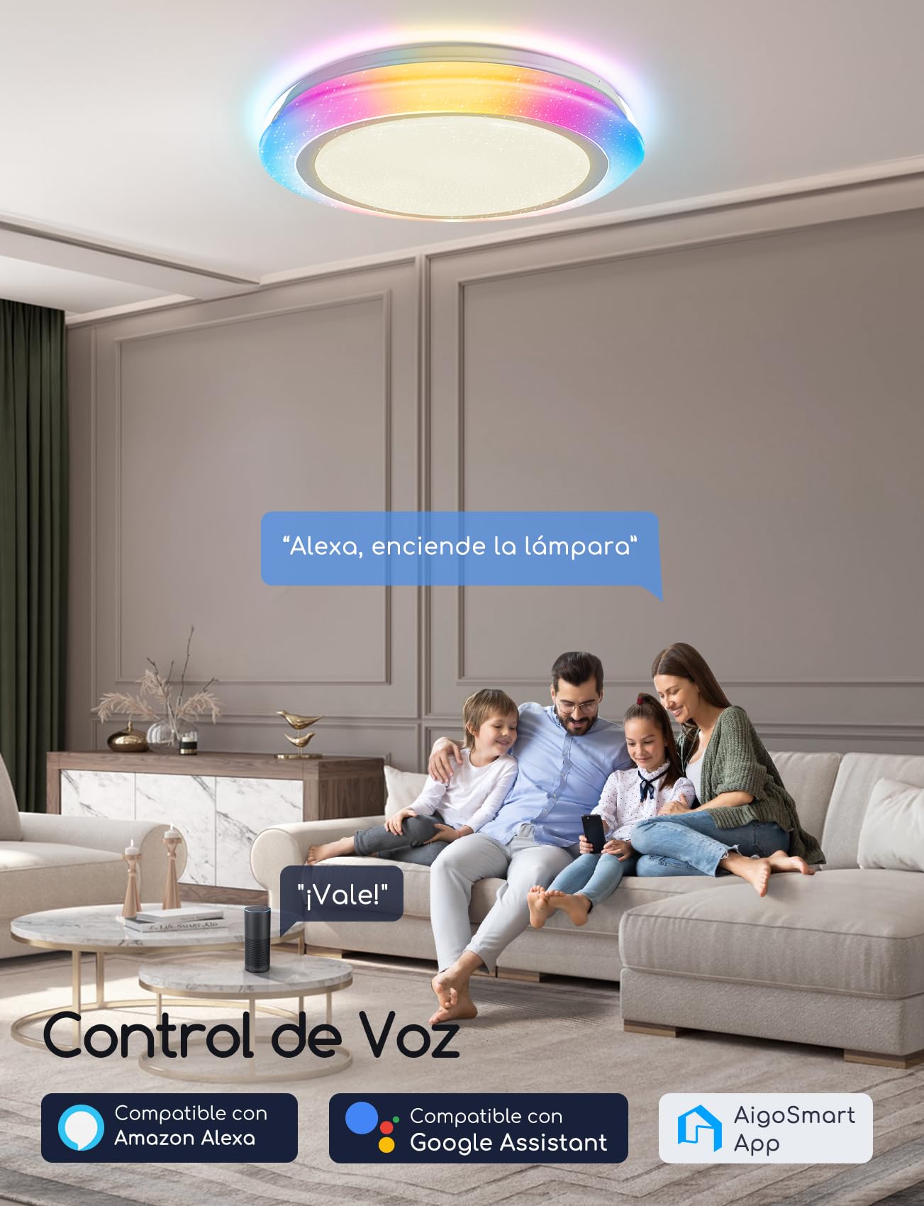 Aigostar Plafon LED Techo Alexa, 39W, 4140LM, 3000K-6500K, IP44, Plafón LED Inteligente Compatible con Alexa y Google Home, Lampara Techo Regulable para Salón/Dormitorio/Cocina/Comedor, Φ50CM, 2Uds
