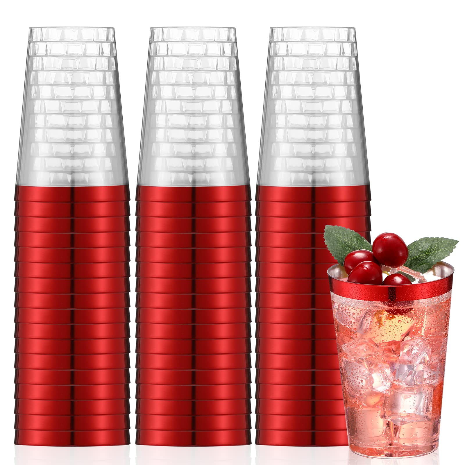 Norme 50 Pcs 12 oz Plastic Cups Disposable Cups 12 oz Plastic Glasses Clear Tumblers with Rim for Birthday Wedding Party Elegant Wine Coffee Cocktail(Red)