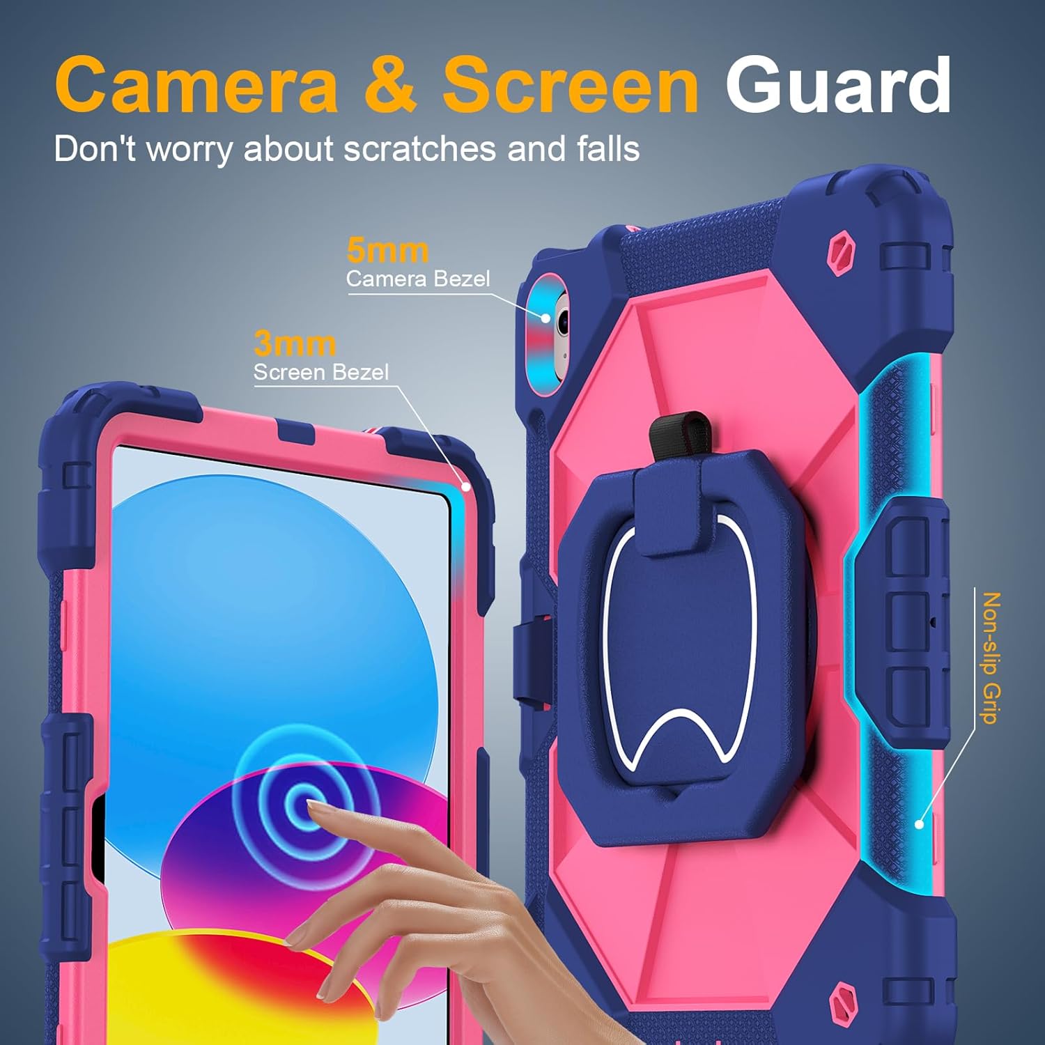 Case for iPad A16 11th Generation 11 Inch 2025, Auorld for iPad 10th Generation 10.9 inch 2022 case with Screen Protector, 360 Degree Rotating Stand Shoulder Strap Pencil Holder, Navy Pink - Image 8