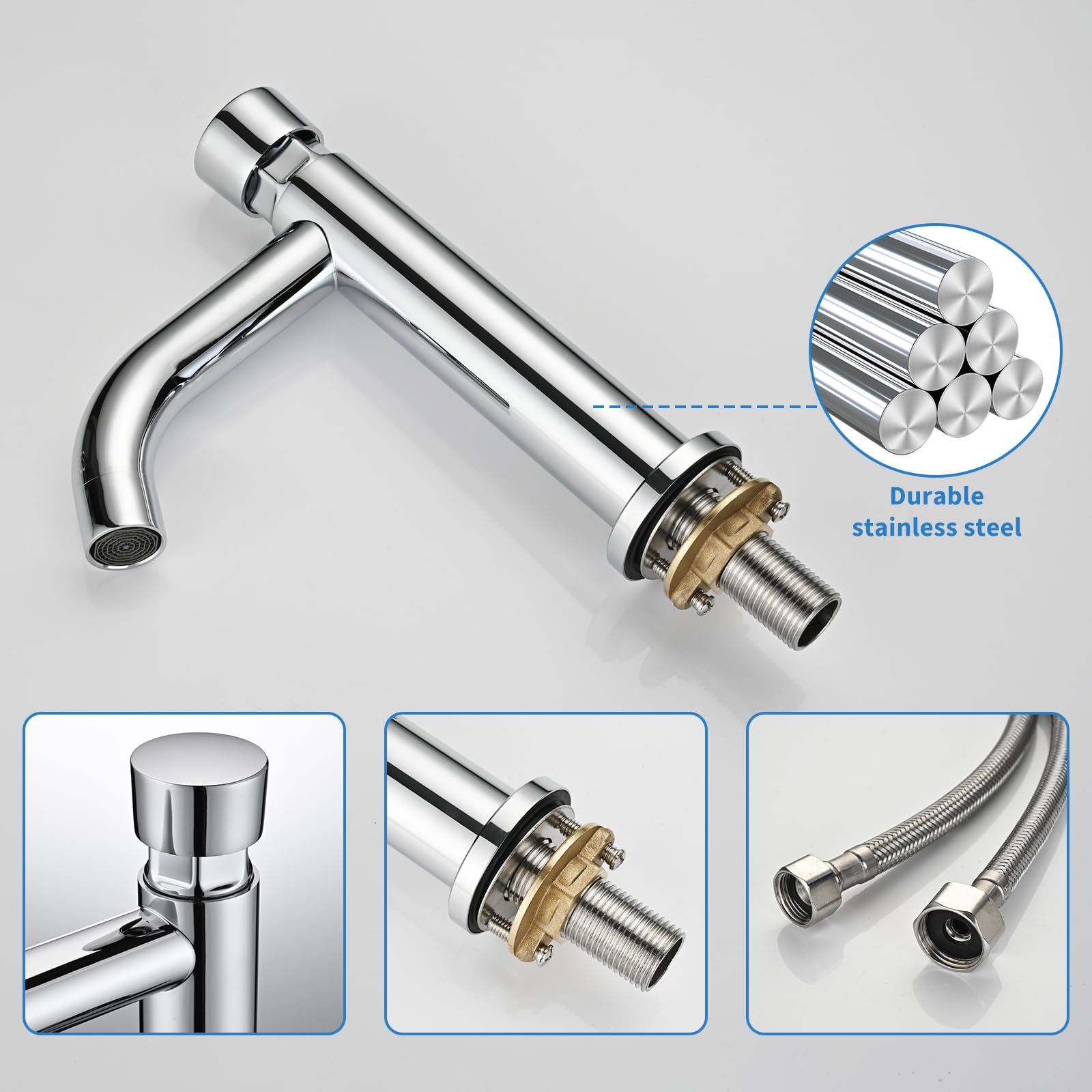 Grifo Temporizado Lavabo Agua Fría, Pulsador, BuntHaus Cierre Automático | Acero inoxidable 304 cromado, grifo lavabo con cierre automático temporizado, ideal para WC y baños públicos