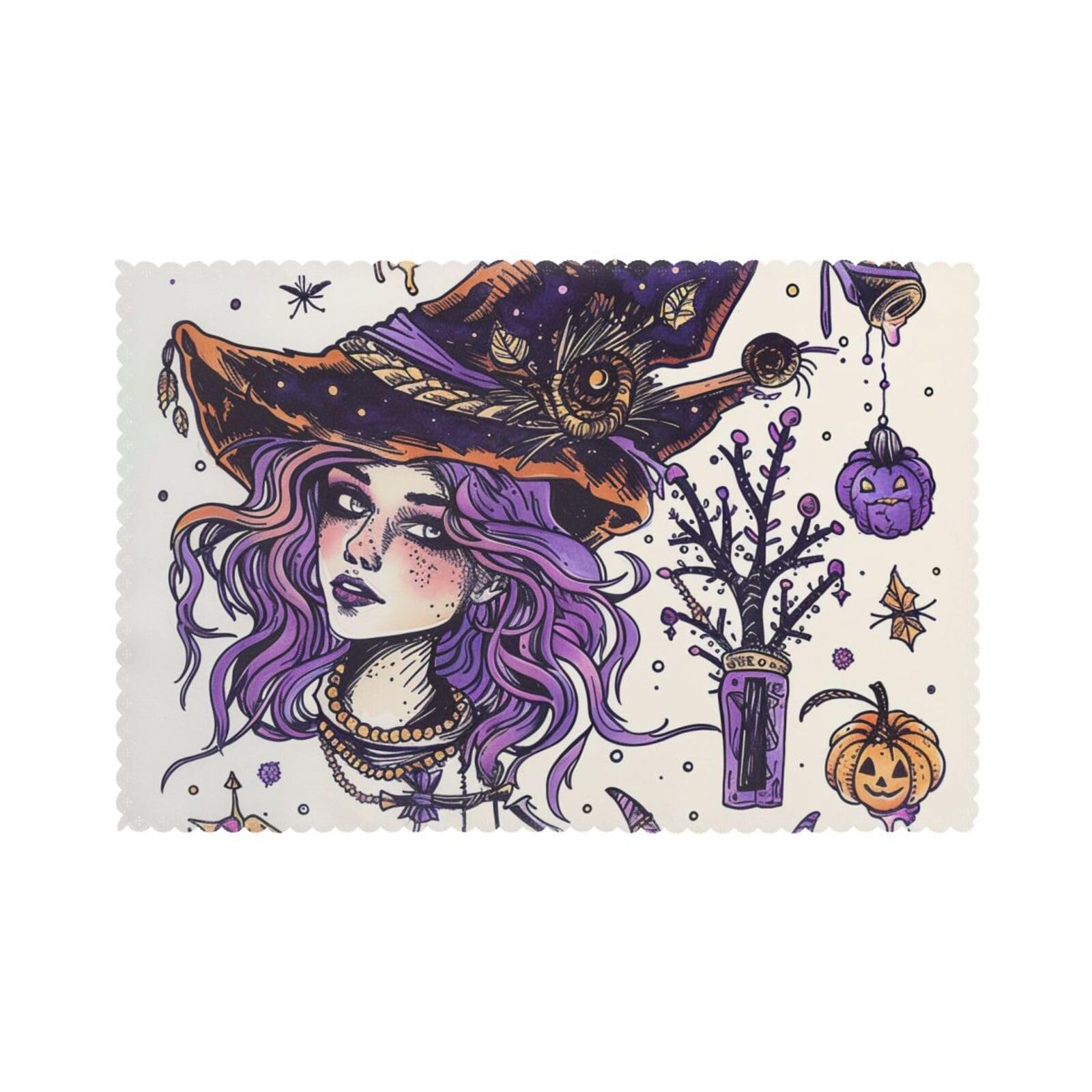 Magic Witch Witchcraft Bohemian Drawing Printed Placemat Heat Resistant Place Mats Set of 6 PCS Washable Kitchen Table Mats, 12x18 Inch