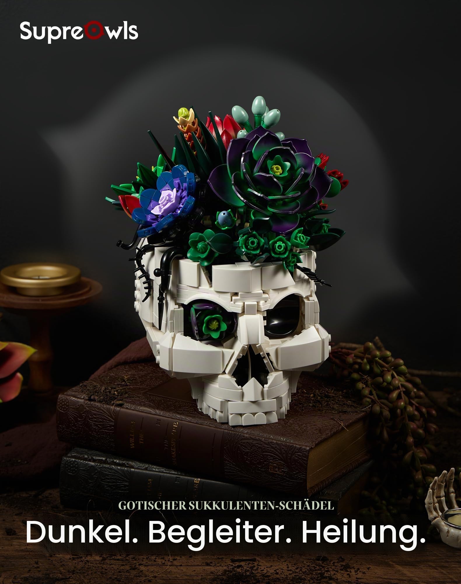 Botanicals Sukkulenten Bauset mit Totenkopfvase - Künstliche Pflanzen Blumen Bauset für Erwachsene Frauen & Männer Geschenkidee zum Geburtstag Jahrestag Vatertag Weihnachten - Gothic Dekoration