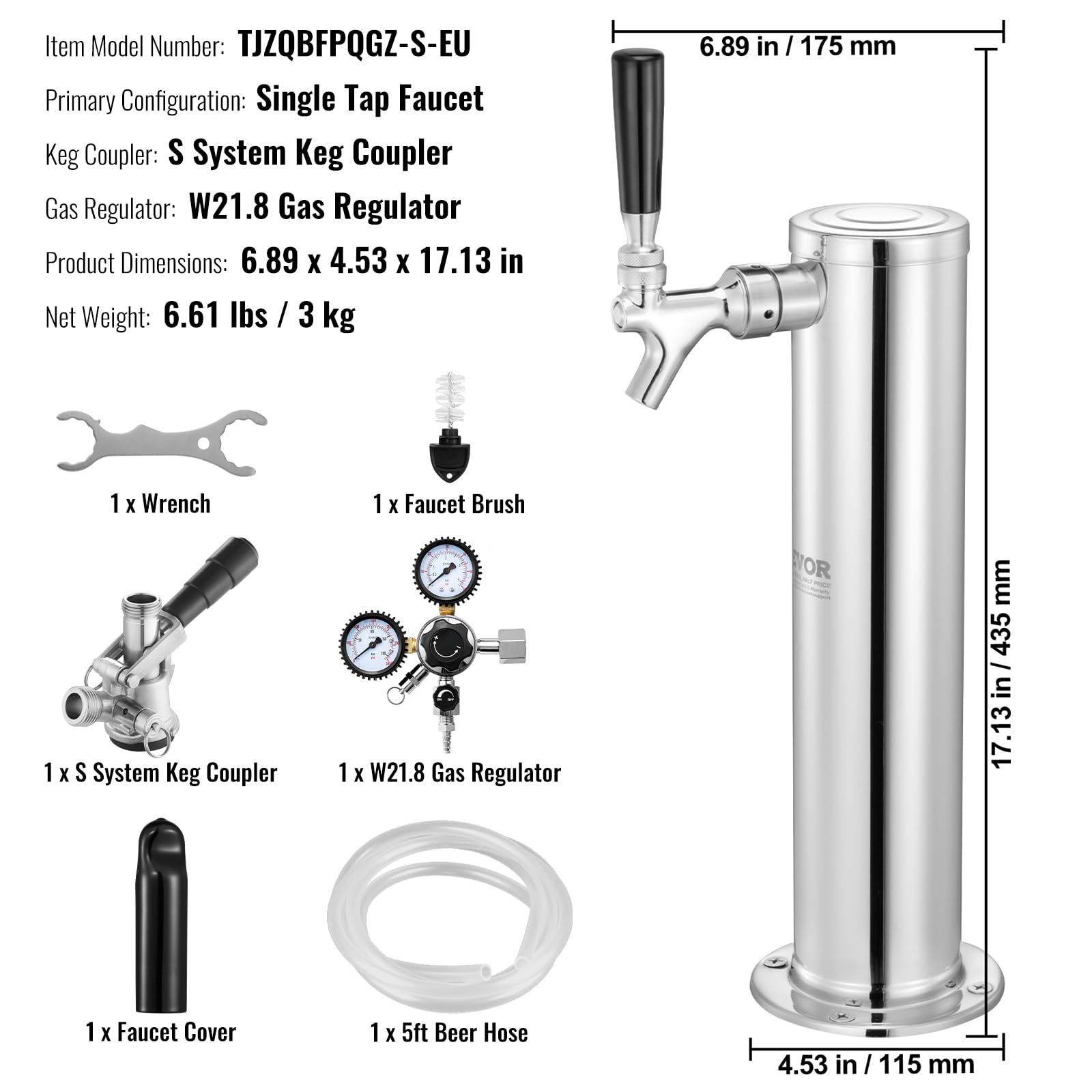 VEVOR Zestaw wieży Kegerator, zestaw do konwersji piwa z jednym kranem, dozownik wieży piwa ze stali nierdzewnej z podwójnym regulatorem W21.8 i łącznikiem beczkowym systemu S do domu na imprezę