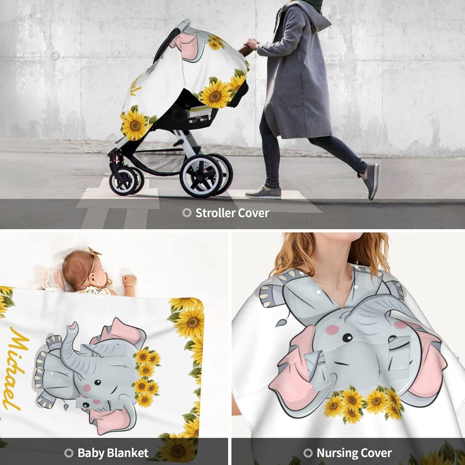 Personalized Elephant and Sunflower Baby Infant Car Seats Canopy for Babies with Name, Custom Multi-use Blankets for Baby Boys Girls, Peekaboo Minky Nursing Stroller Cover Canopies for Newborn