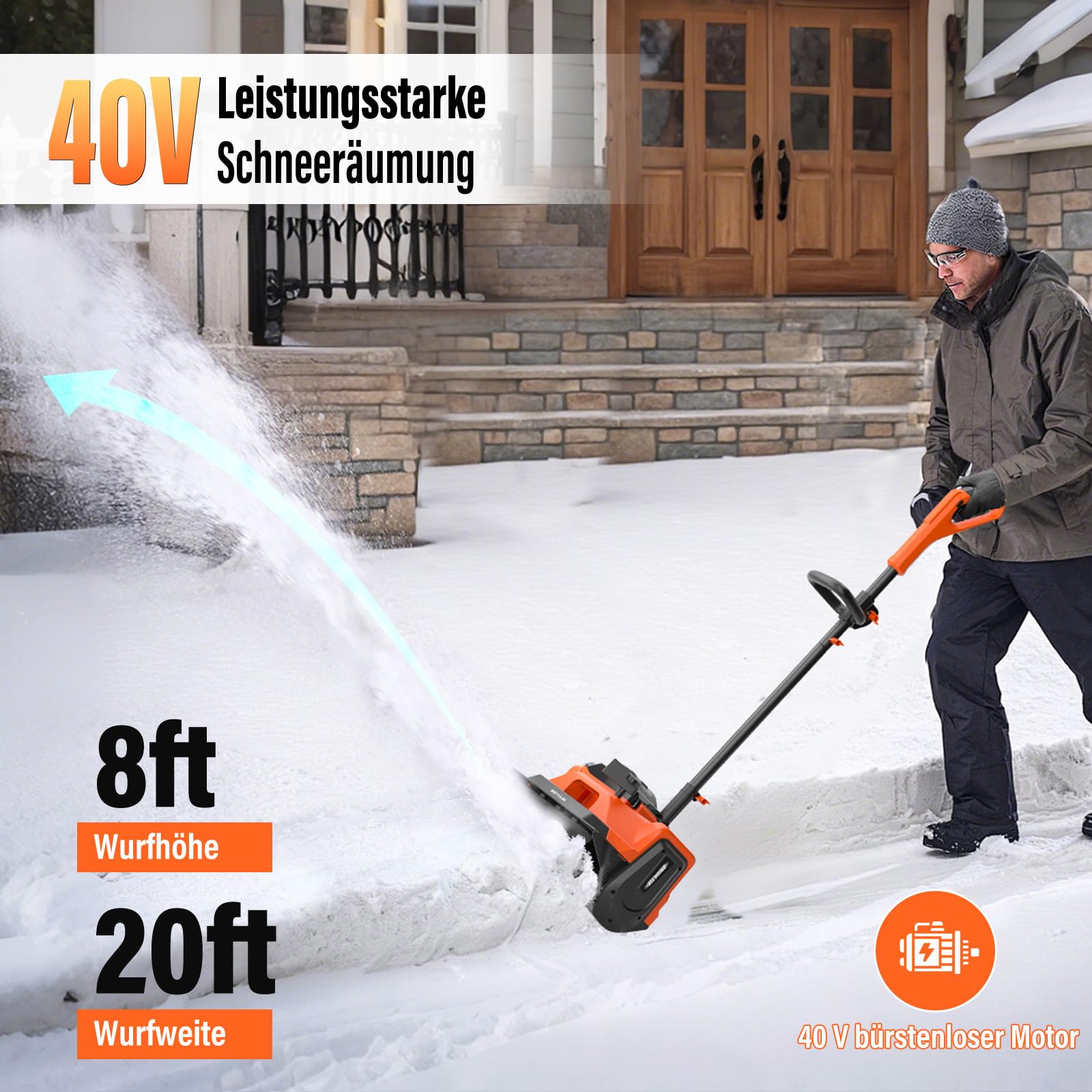 Akku Schneefräse,40V elektrische Schneefräse Akku 2× 4.0Ah mit Ladegerät,Arbeitsbreite 40 cm, maxSchneehöhe 30 cm,bis 6m Auswurf,30° Verstellbarer Auswurfkanal für Gehwege,Einfahrten