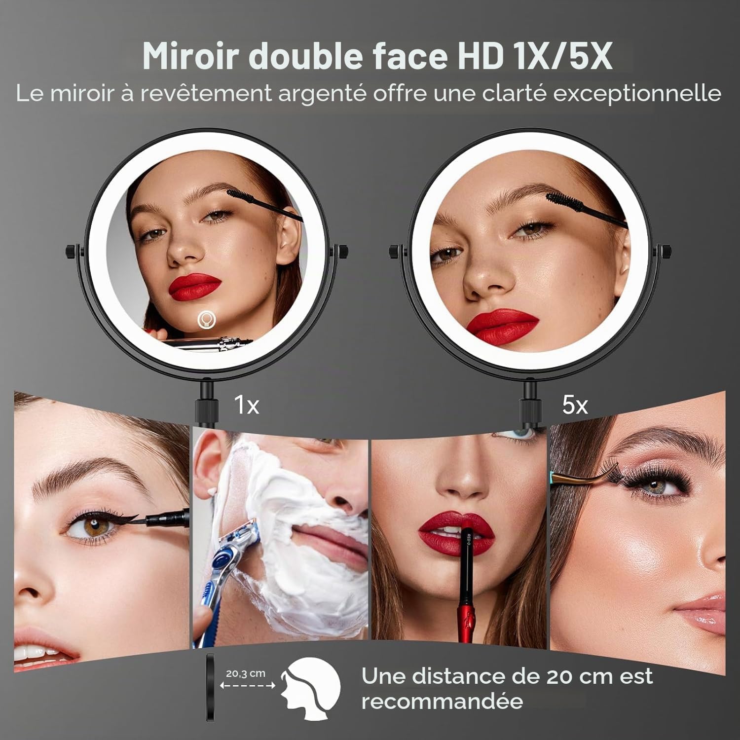 Nicesail Miroir de table réglable en hauteur Noir Miroir de maquillage avec éclairage Rechargeable Miroir cosmétique avec grossissement 5X, Diamètre 20 cm