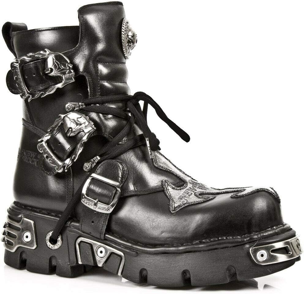 New Rock 407-S1 Silver Cross BOOTS Black Leather Gothic Punk Biker Shoes Ankle Boots