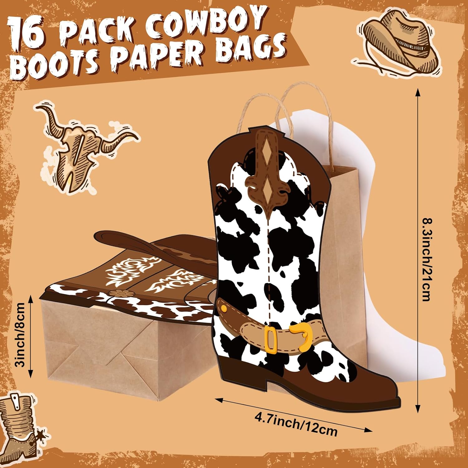 Mooliwe 16 Pcs Cowboy Cowgirl Boots Paper Bags Western Theme Birthday Party Decorations Favors Wild West Kraft Gift Bag Cowboy Cowgirl Bachelorette Rodeo Party Supplies(Brown D,Cow)