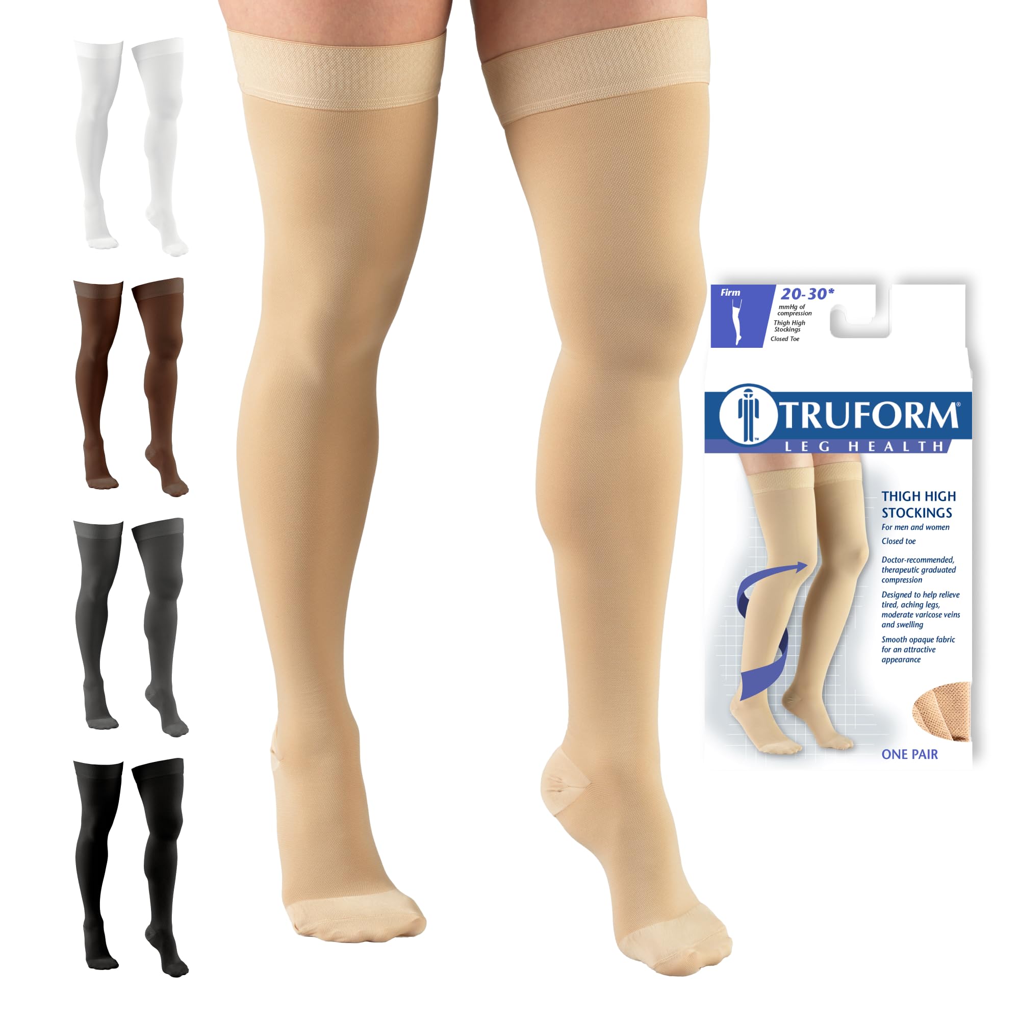 Truform Closed Toe, Thigh High 20-30 mmHg Compression Stockings, Dot Top, Beige, Large