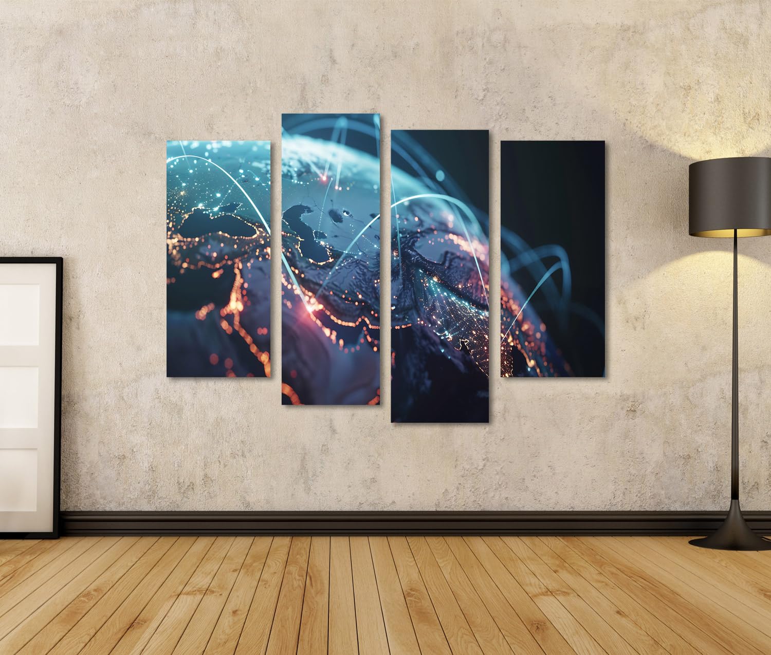 bilderfelix Quadro su tela Rete globale di telecomunicazioni e affari tramite l'ufficio Internet di un - Tela 130x80 cm - 4 pannelli