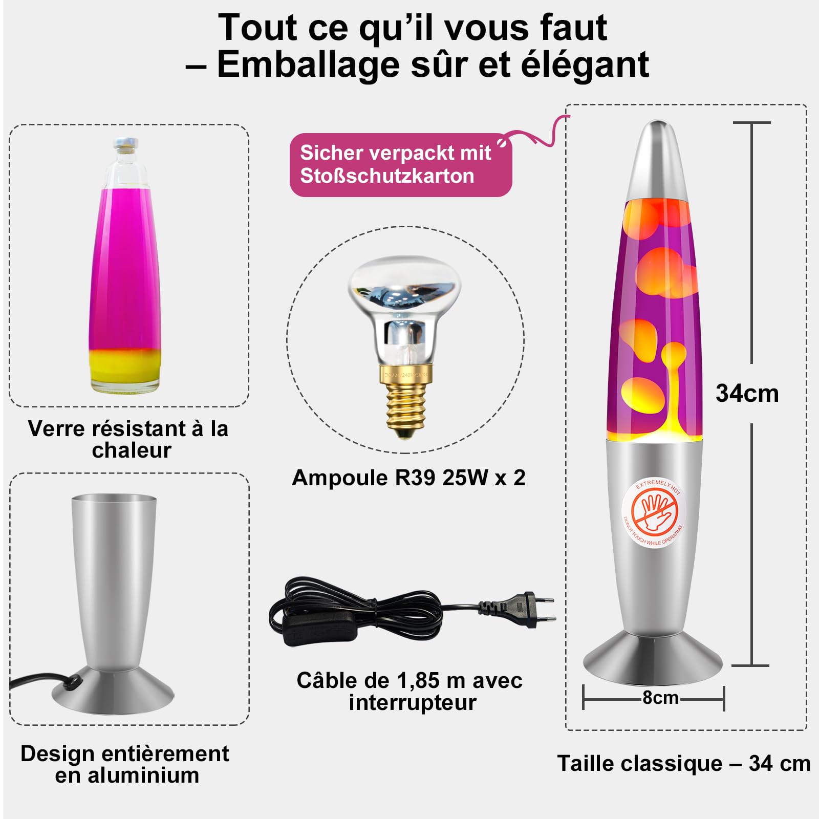 Lampe à lave rétro 34 cm violette et jaune – Lampe décorative en aluminium – 2 ampoules R39 25W E14 – Idéale pour chambre, salon et comme cadeau