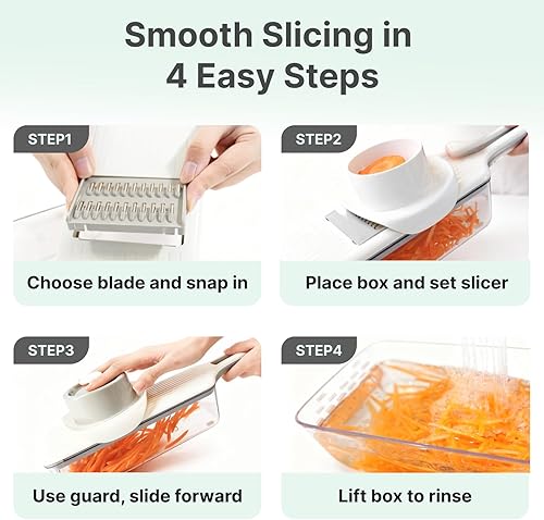 Miniatura 8 de Cortador de mandolina de mano multifuncional para cocina con caja de drenaje, 6 cuchillas intercambiables, protector de seguridad, cortador