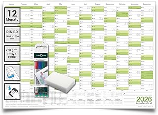 XXL Wandkalender 2026 abwischbar – DIN B0 (140 x 100 cm) Jahresplaner – inkl. 4 Marker & Schwamm – feucht korrigierbar – großer Kalender Deutsch – von Kalenderoutlet