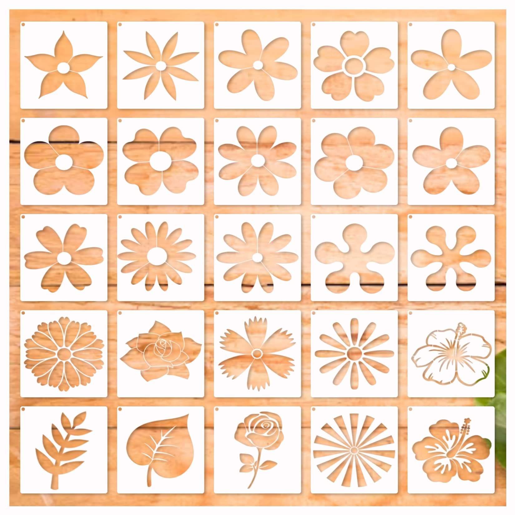 25Pcs Flower Stencils, Art Rock Airbrush Layered Templates, for Crafts Canvas Furniture Wooden, for Painting on Wood, Cute Leaf Floral Essential Paint Stencil, Walls Decorative
