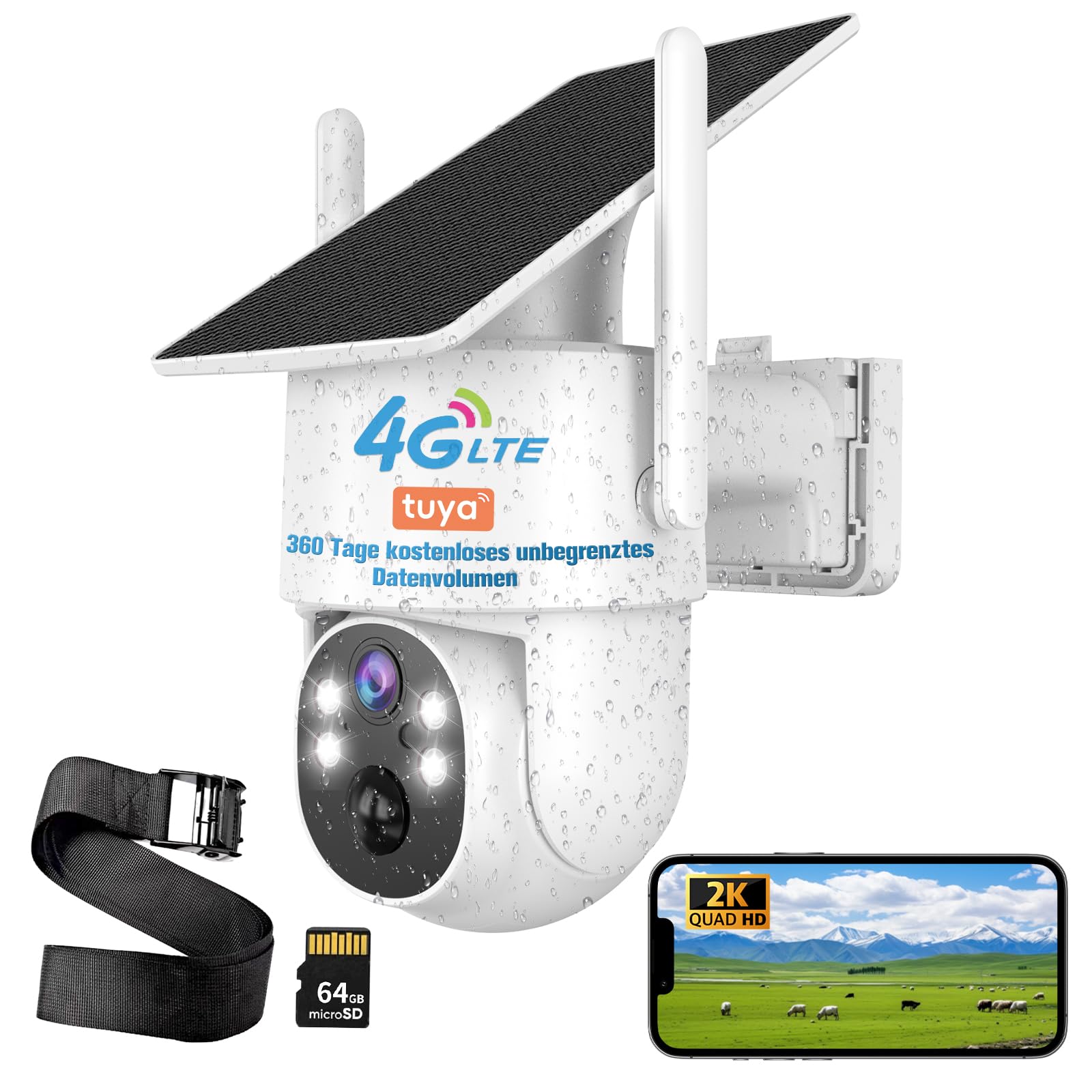 4G LTE überwachungskamera Aussen Ohne WLAN,360 Tage Unbegrenzte Daten | Solarbetrieben ohne WLAN,2K PTZ 360°Kamera,Farb-Nachtsicht,PIR-Bewegungssensor,64 GB Speicher,IP65 Wasserdicht