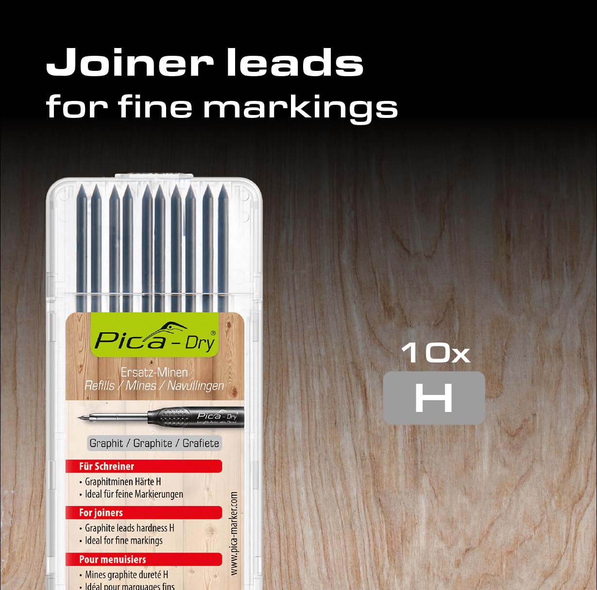 Pica 4050 | Set da 10 mine di ricambio Dry 3030 | Ø 2,8 mm | Mina in grafite durezza speciale H per marcature fini e precise | Ideale per falegnami