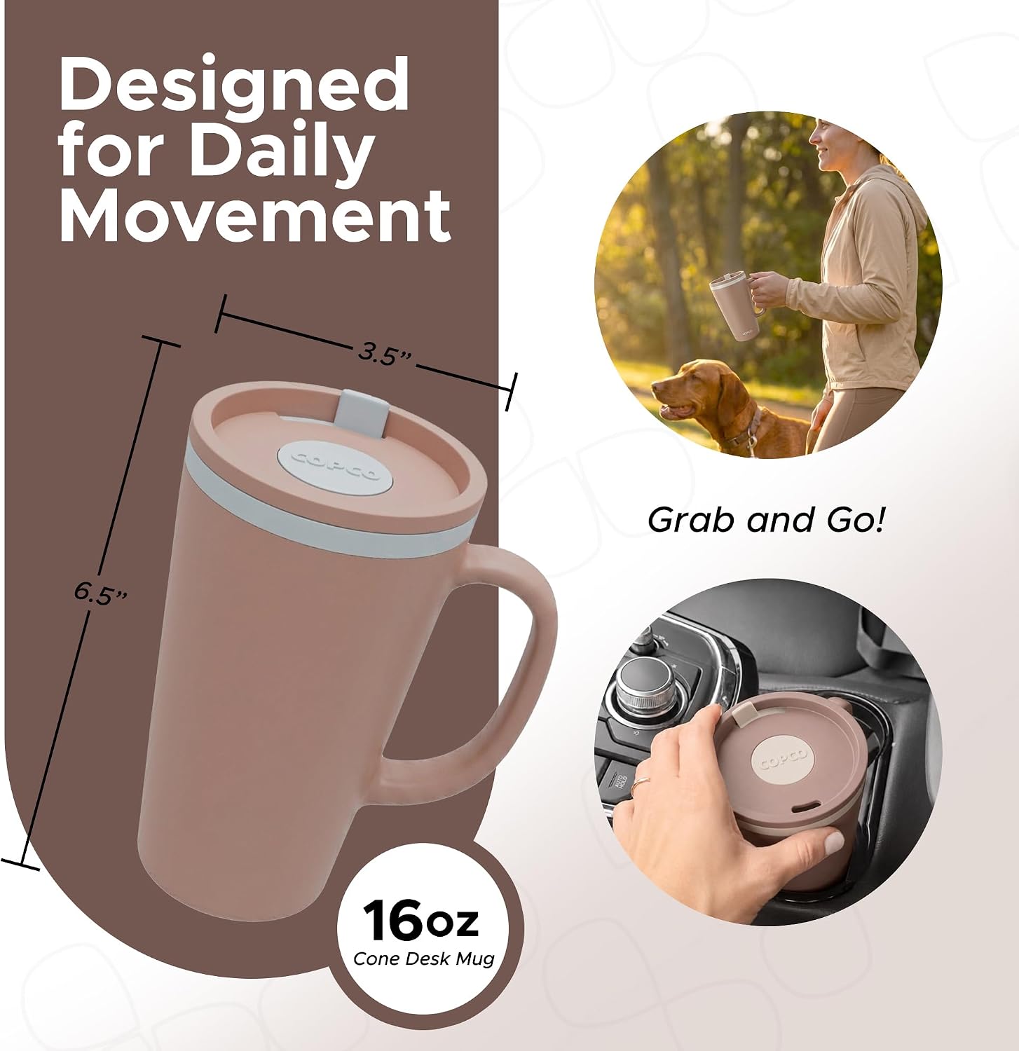 Copco 16 Oz Cone Desk Mug - Twist-Off Lid, Handle & Slide Tab (Brown) image 2