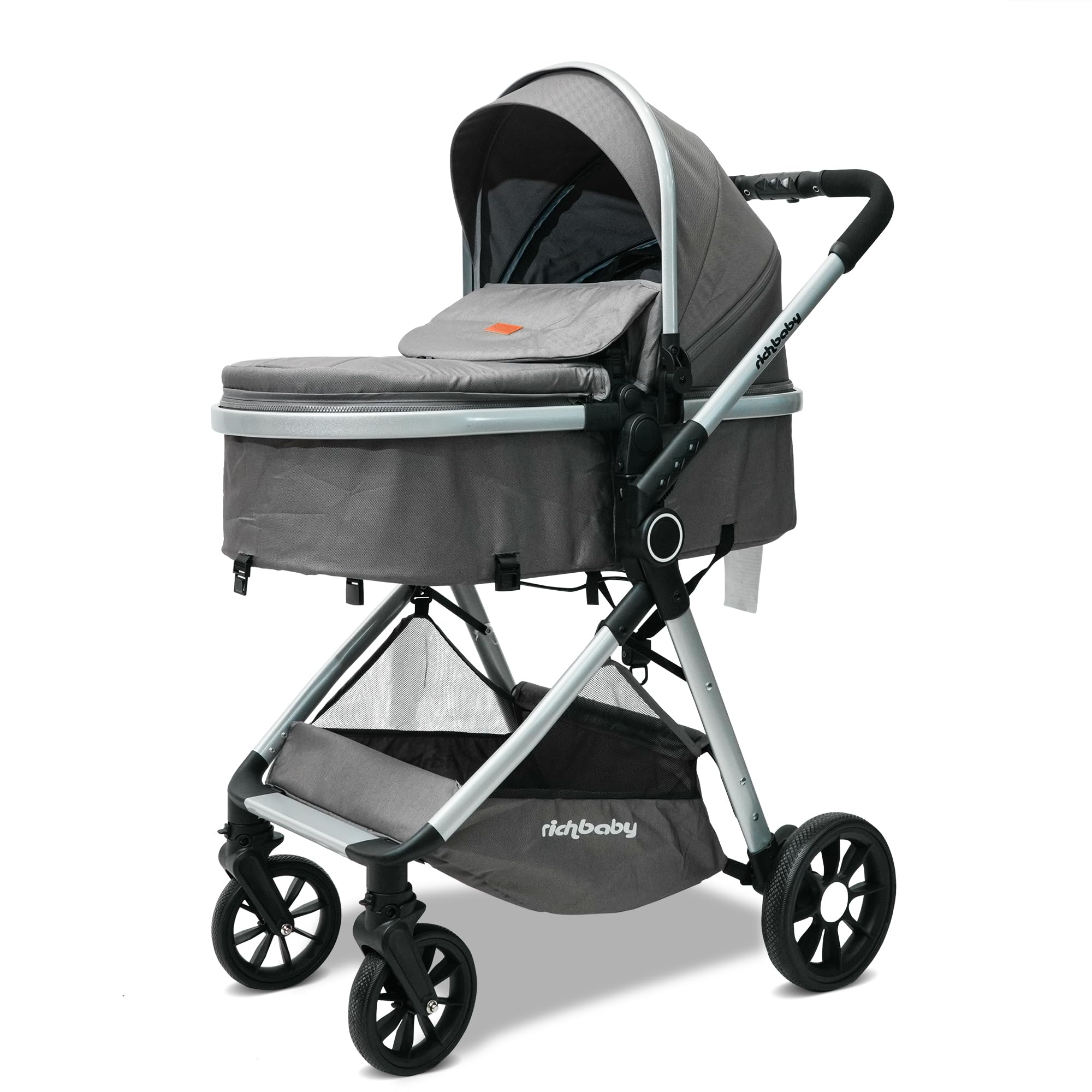 Passeggino 2 in 1 con navicella, compatto, pieghevole, protezione UV