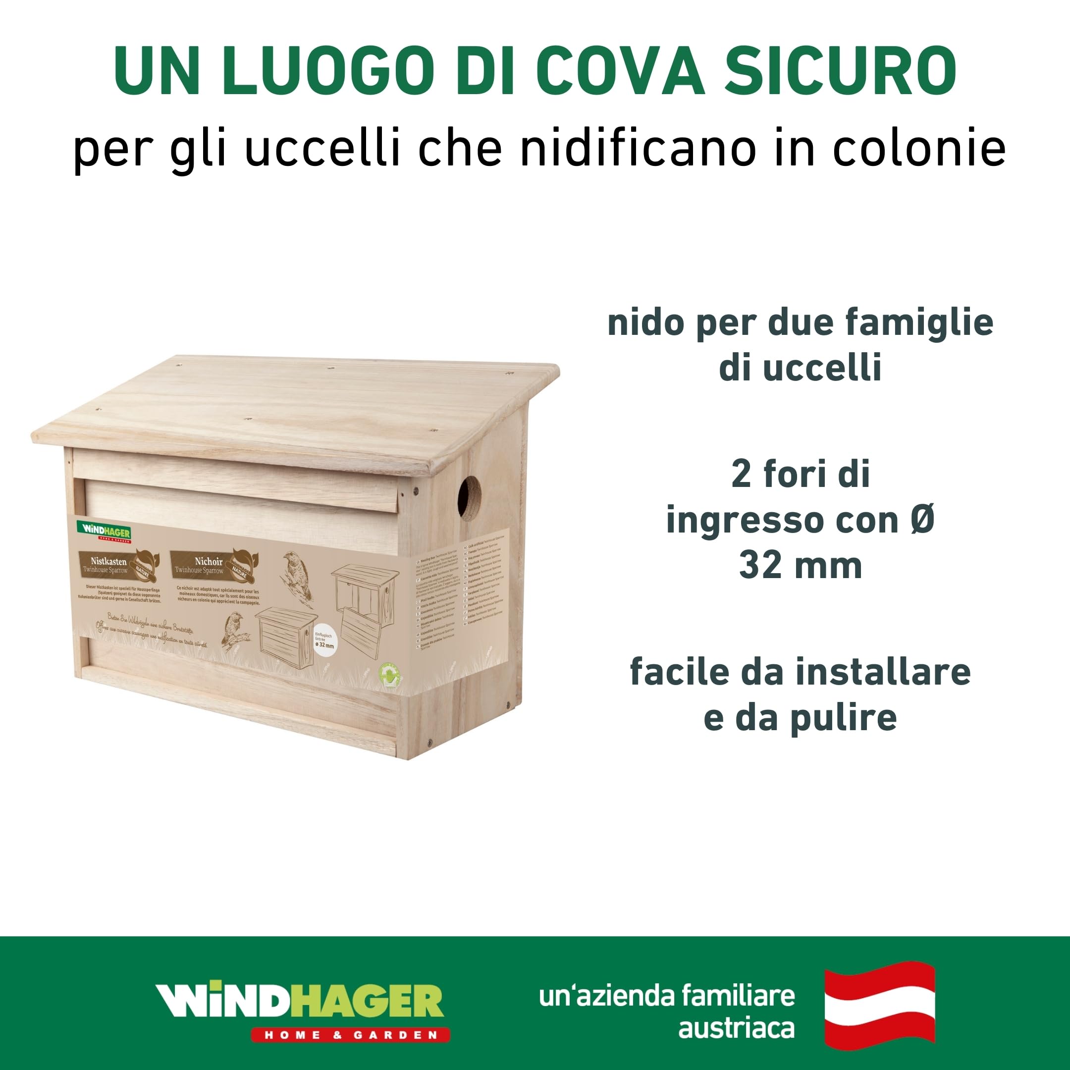 Windhager Twinhouse 07466 - Casetta per uccelli con due camere separate, per uccelli e allevamenti, 18 x 38 x 26 cm, colore naturale