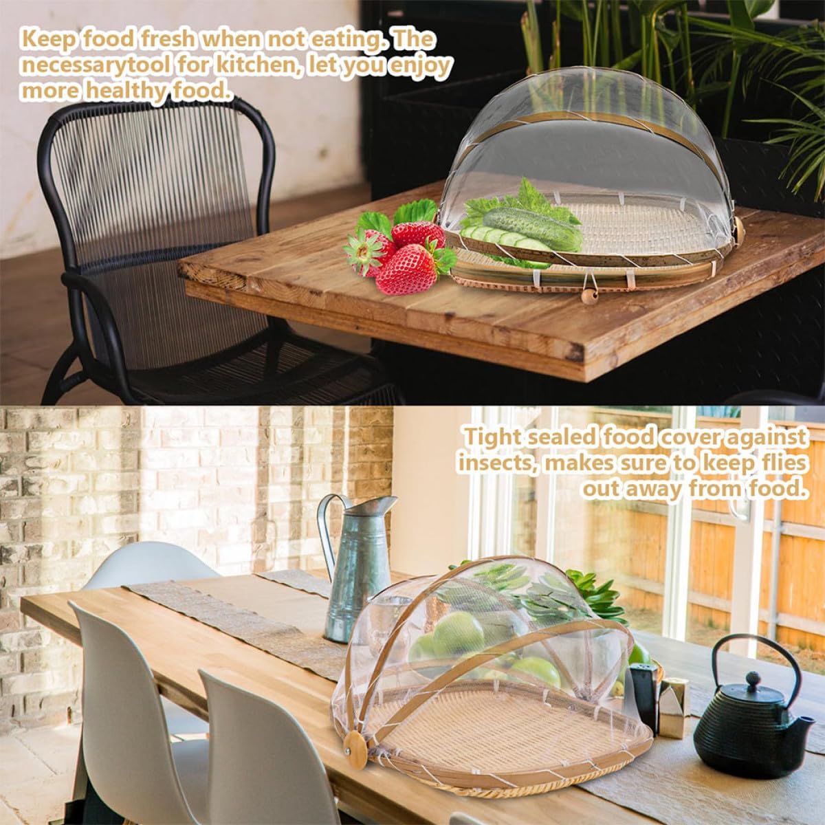 SECFOU Hand-woven Bread and Fruit Basket with Mesh Cover, 33cm Square Traditional Dustproof Serving Tray for Kitchen and Outdoor Use