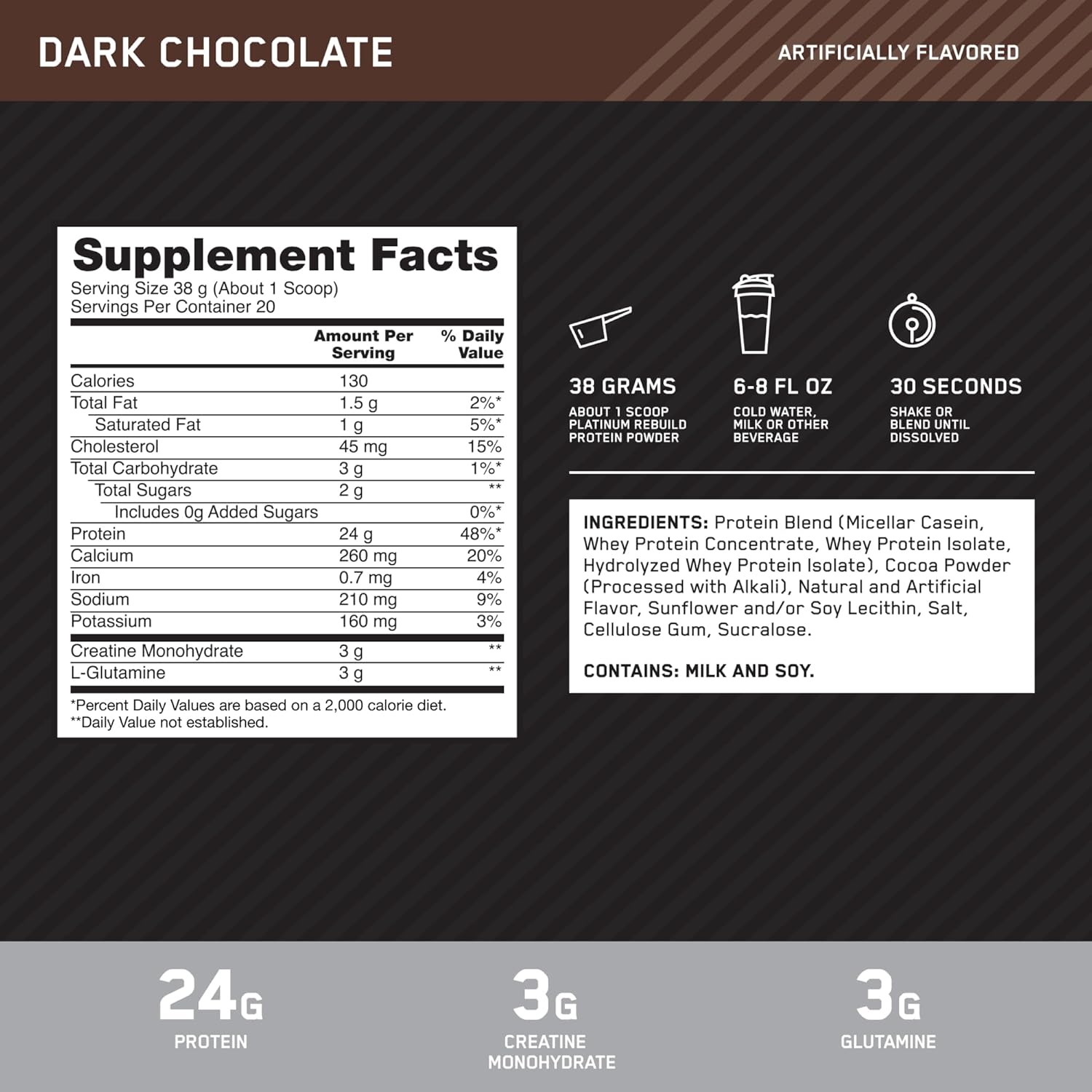 Optimum Nutrition Platinum Rebuild, Premium Platinum Blend Protein Powder with Creatine Monohydrate, Dark Chocolate, 20 Servings