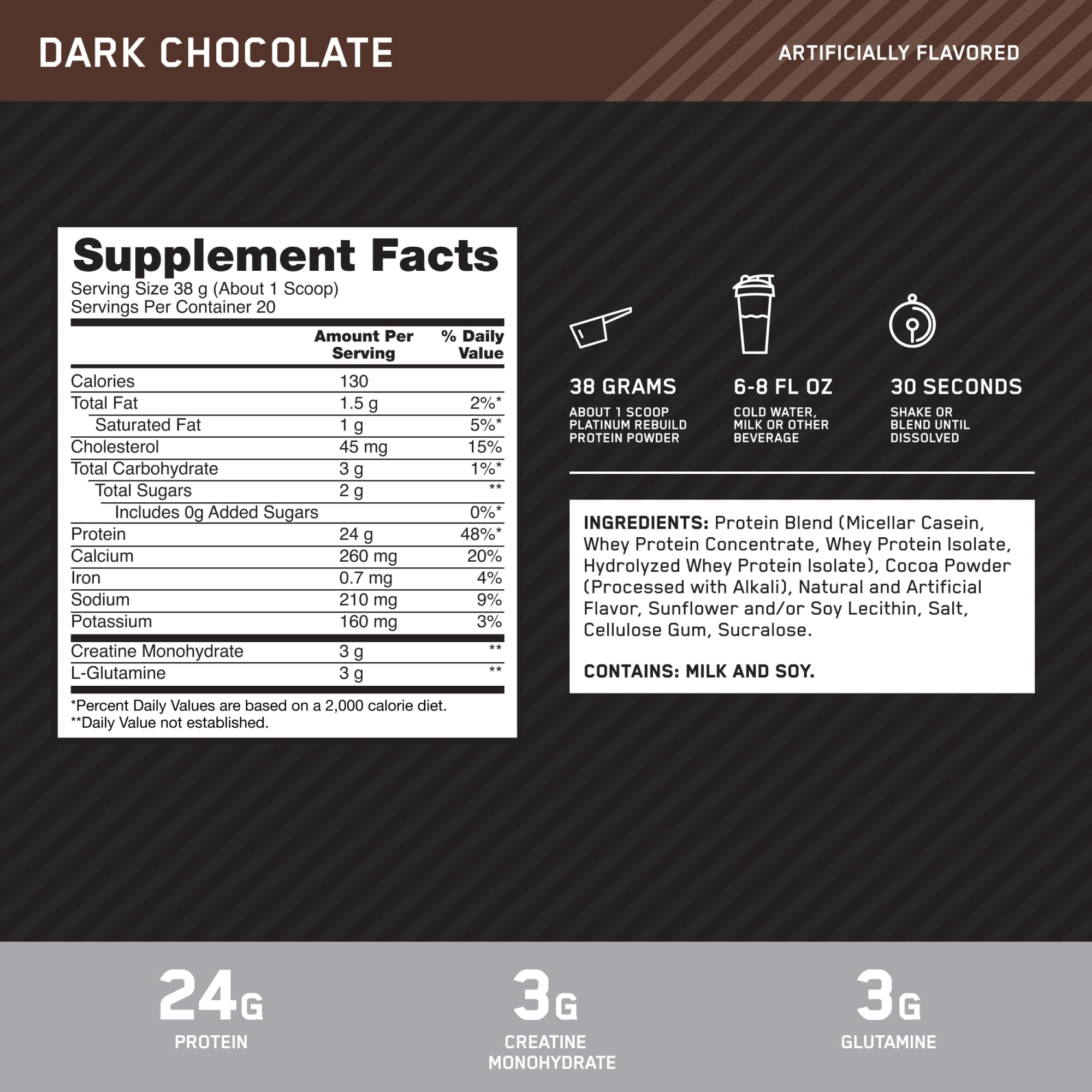 Optimum Nutrition Platinum Rebuild, Premium Platinum Blend Protein Powder with Creatine Monohydrate, Dark Chocolate, 20 Servings