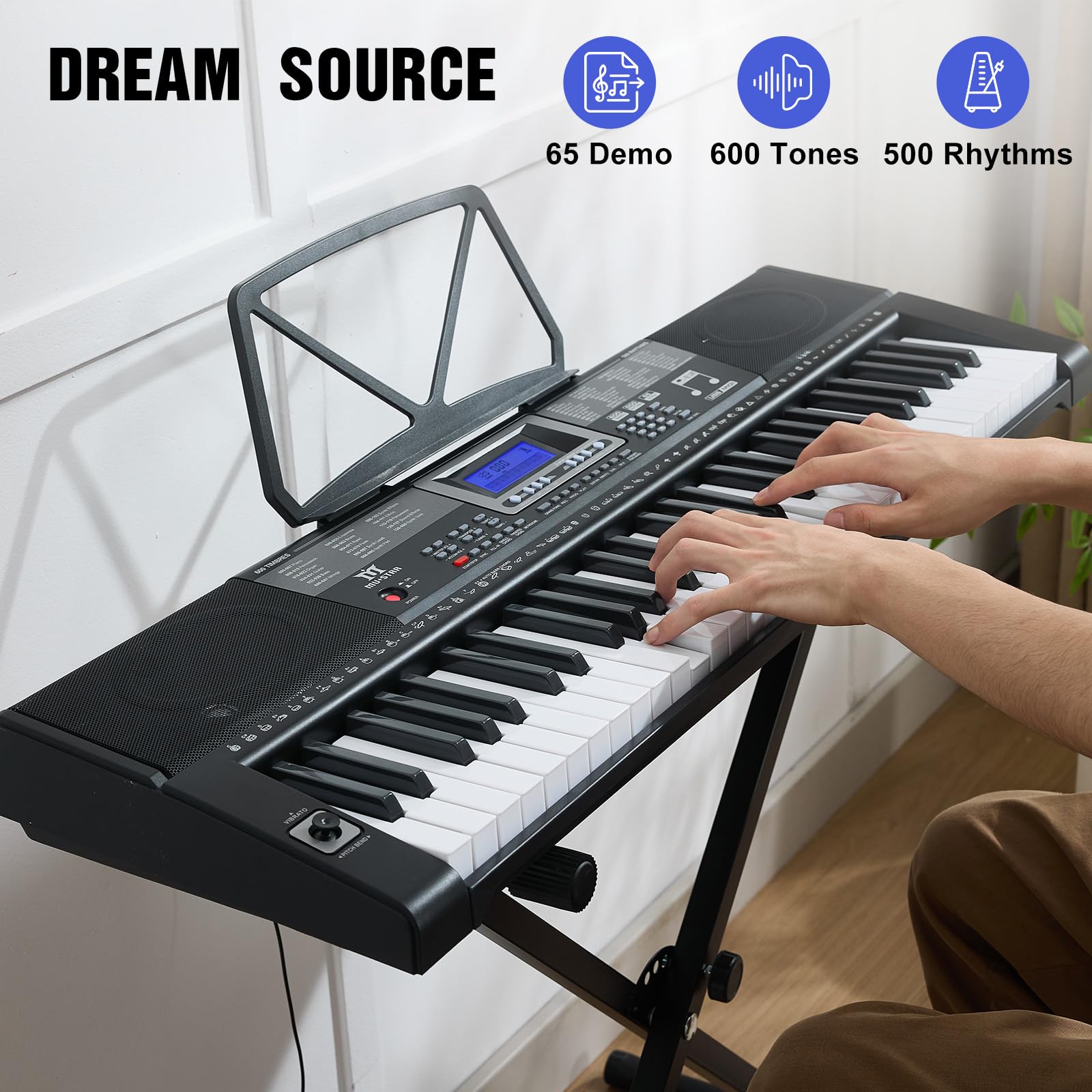 Mustar 61-Tasten-Keyboard-Klavier, elektronische berührungsempfindliche Tasten, tragbar, Kopfhörer, Mikrofon, Klavierständer und Hocker, Tasten in voller Größe, LCD-Bildschirm