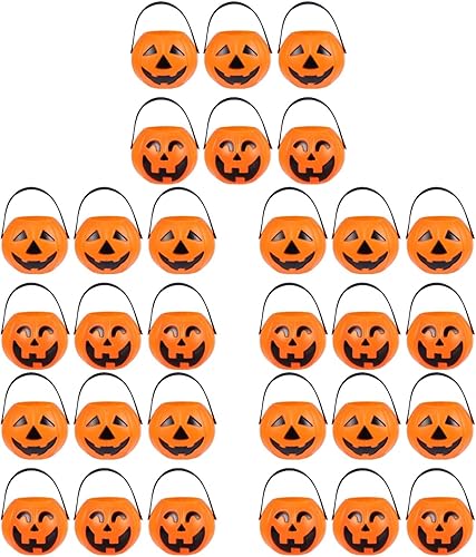 Toyvian Paquete de 30 mini cubos de calabaza con asa, soportes para dulces de Halloween, pequeños cubos de plástico para dulce o truco, bolsas de
