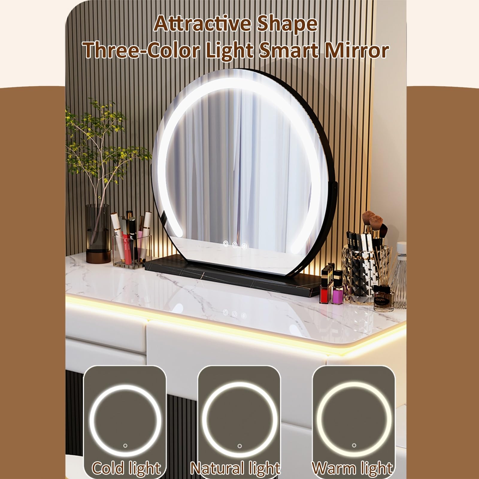 Tavolo Trucco Con Specchio E Luci LED Regolabili, Bianco Brillante, 3 Scomparti, Montaggio A Parete O Su Superficie, 60x31.5x62 Cm