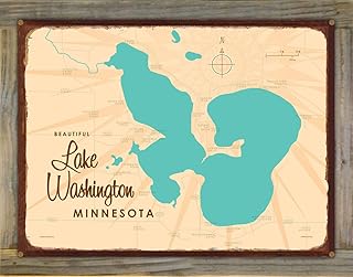 Lake Washington Minnesota Retro Steel Metal, with Oxidized Border and Mounted on Real Reclaimed Barn Wood, Wall Art Map Poster 18" x 24. Distinctive Wall Decoration for Home, Cabin, or Office