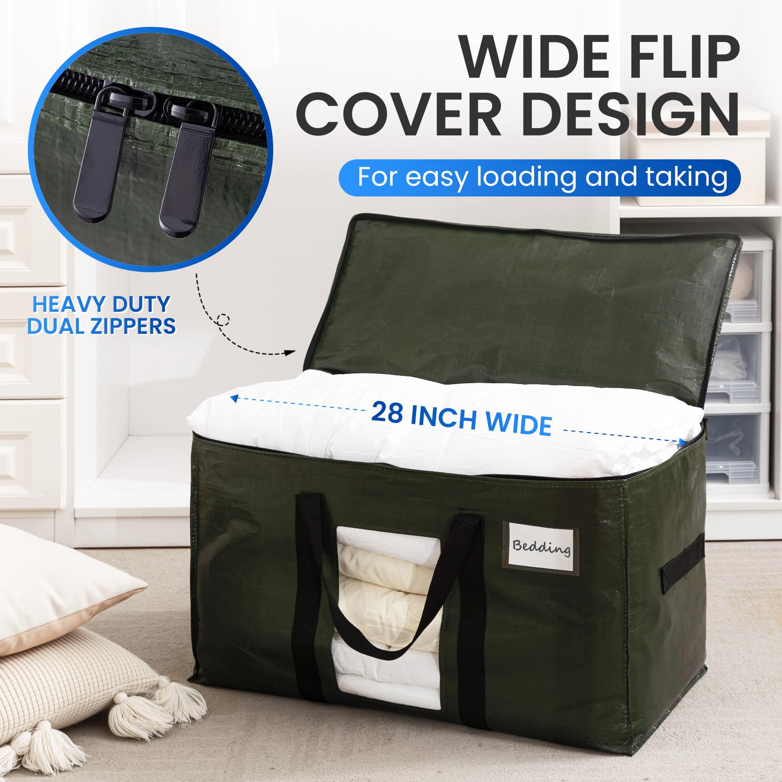 TAILI Moving Bags Extra Large,Heavy Duty Storage Bags with Zips for Clothes,Beddings,Duvets,Travel,Camping,moving,Loft Storage,Clear Window & Reinforced Handles(4 Pack green) - Image 3