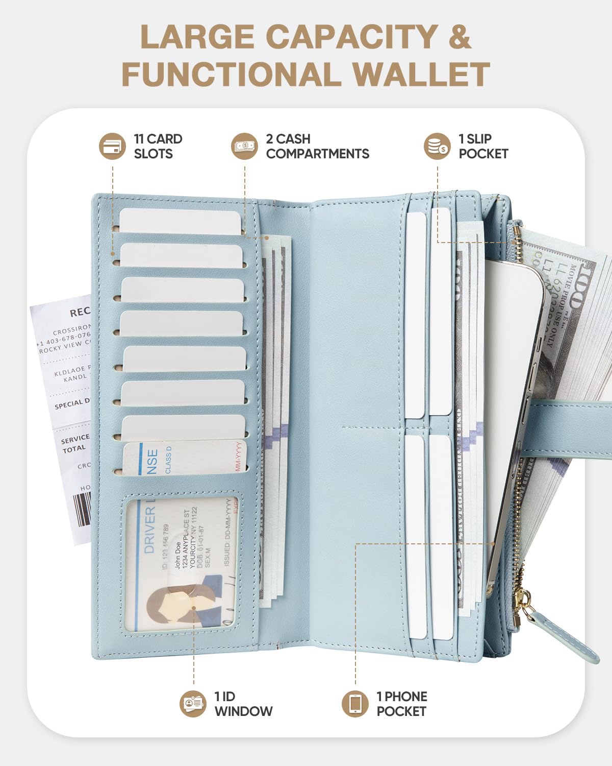 Portafoglio Donna Grande in Pelle con Chiusura Pulsante Snap - Organizzatore 15+ Carte, 2 Scomparti Banconote e Taschino Monete | Portafogli con Chiusura Lampo, Ideale per Uso Professionale e Viaggi