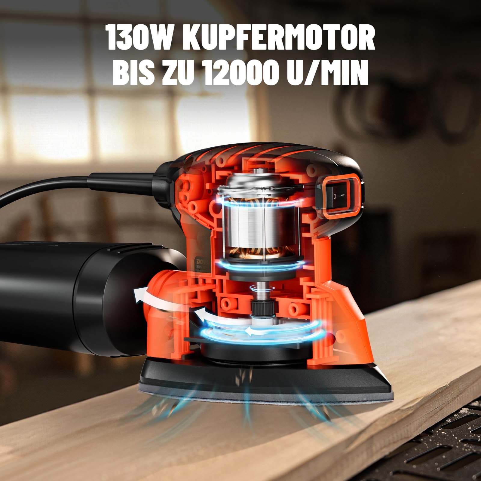 DOVAMAN DLS03A Deltaschleifer, 130W Dreieckschleifer, bis zu 12000 U/min, 12 Stück Schleifpapiere (140x140x80mm), Zwei Staubabsaugoptionen, Schleifmaschine für Holz- und Stahloberflächen