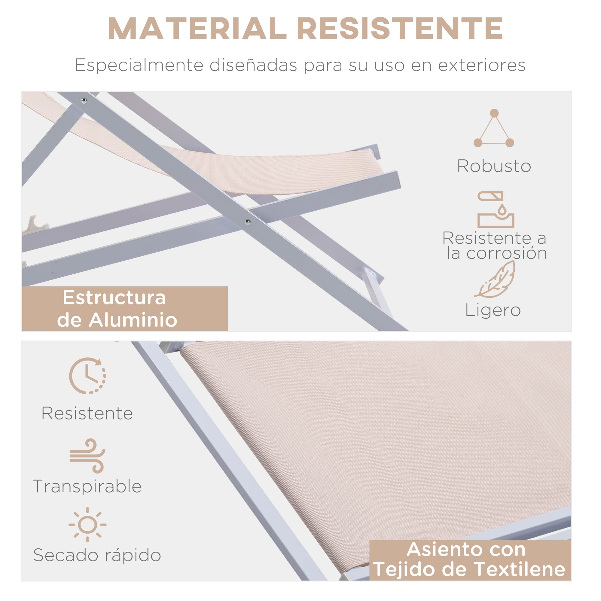 Outsunny Conjunto de 2 Tumbonas Plegables con Respaldo Regulable en 5 Posiciones y Reposacabezas Acolchado Incorporado 58x96,5x91,5 cm Beige