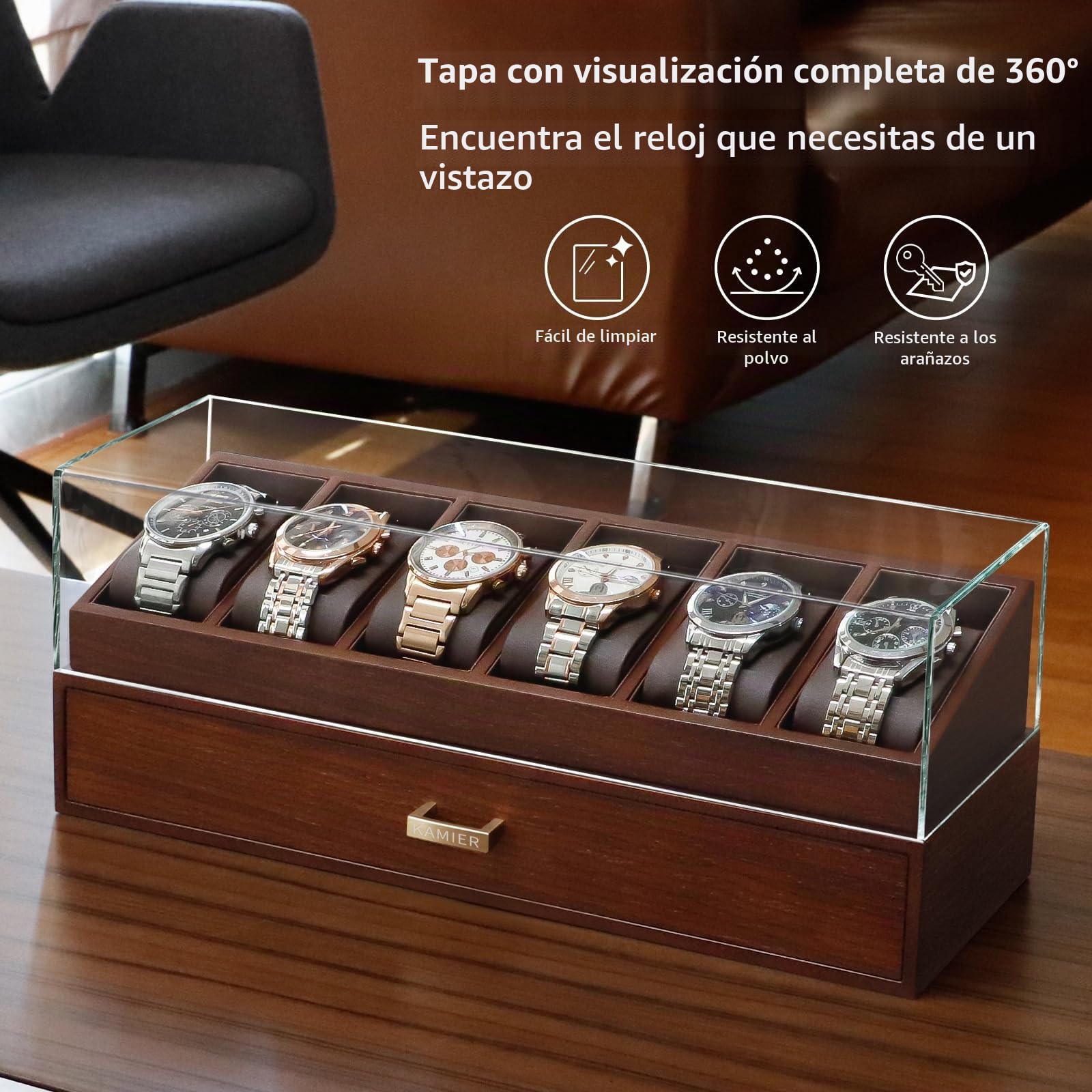 KAMIER Caja de Relojes de Madera para Hombre 6 Unidades, Expositor con Tapa de Vidrio Acrílico y Cajón, Estuche Joyero y Organizador de 2 Niveles - Nogal