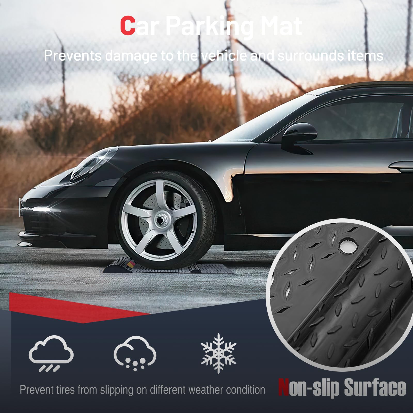 SOARS Tapis de Stationnement Antidérapants 2 Pièces, Charge 3500 KG | Stop Parking Antidérapant avec Bande d'Avertissement, 4 Vis d'Ancrage, Protection Anti-Collision, pour Voiture, Caravane