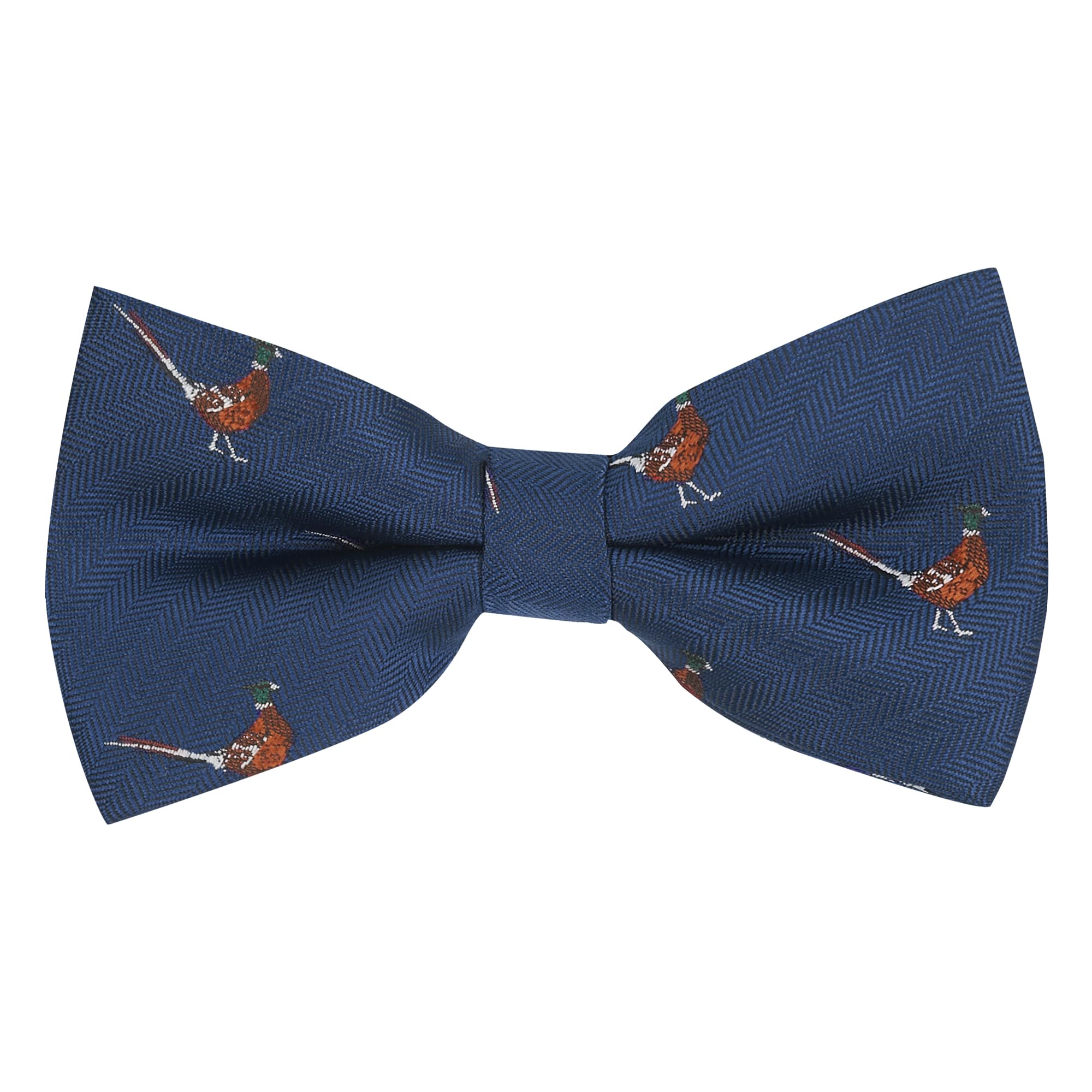 King & Priory Navy Blue Herringbone Embroidered Pheasant Bow Tie