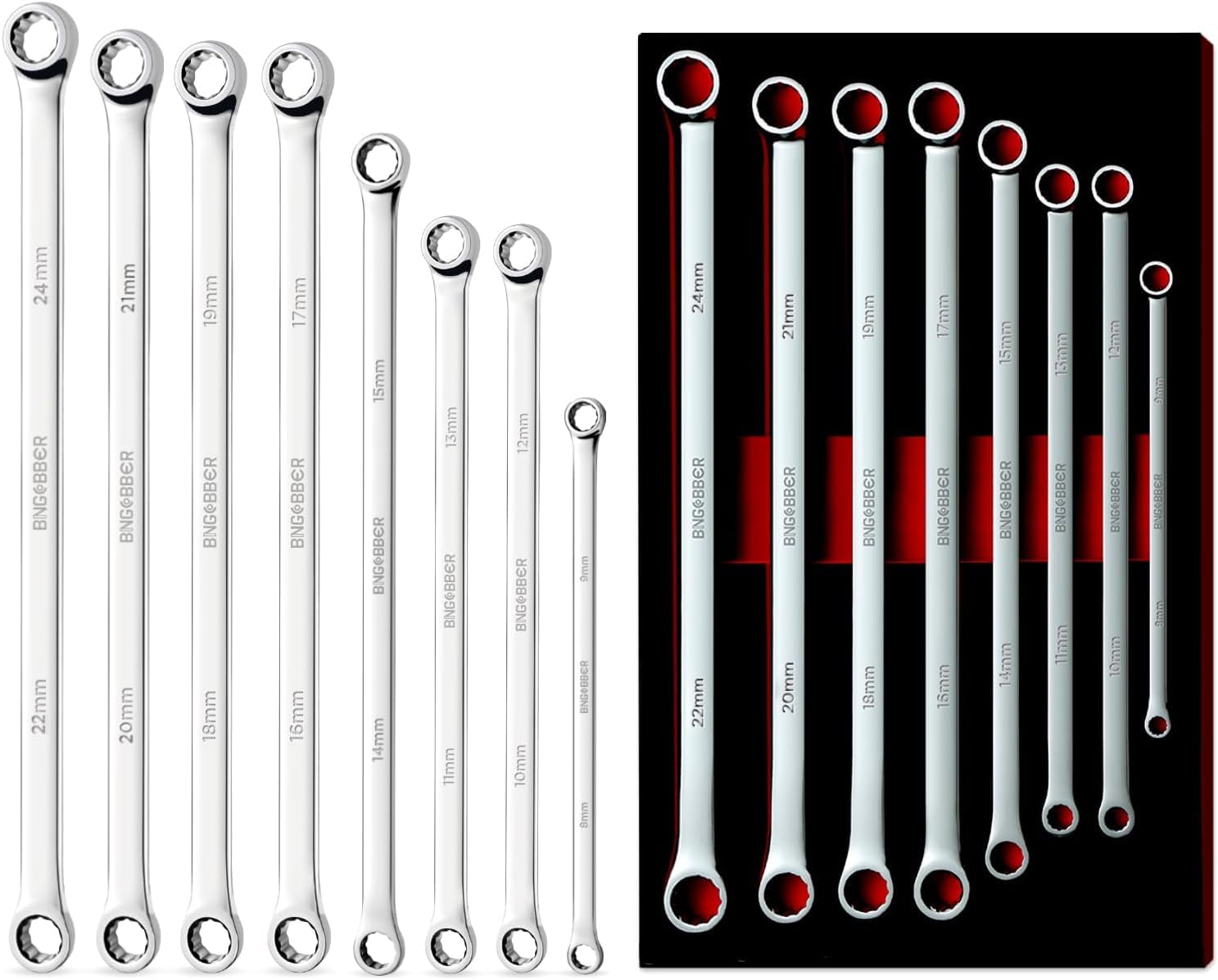 Set di 8 chiavi a doppio occhio miste, chiave poligonale extra lunga 8-24 mm
