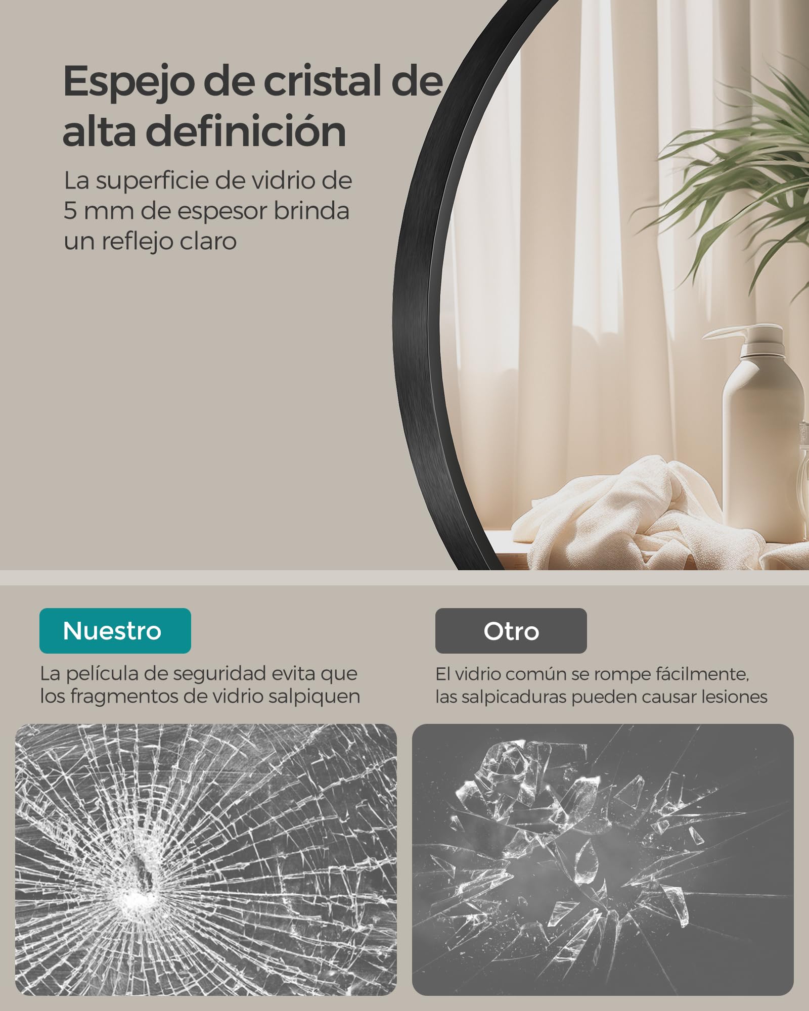 SONGMICS Espejo Redondo, Espejo de Baño para Pared de 61 Cm, Marco de Metal, Fácil Montaje, Espejo de Pared Moderno para Baño, Sala de Estar, Dormitorio, Entrada, Pasillo, Negro Tinta LWM102B01