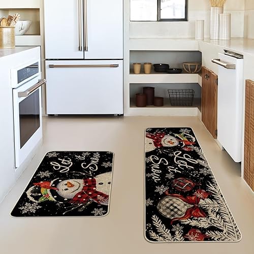 Miniatura 2 de Artoid Mode Juego de 2 tapetes de cocina de Navidad con diseño de muñeco de nieve y copo de nieve negro, decoración del hogar, alfombras de cocina