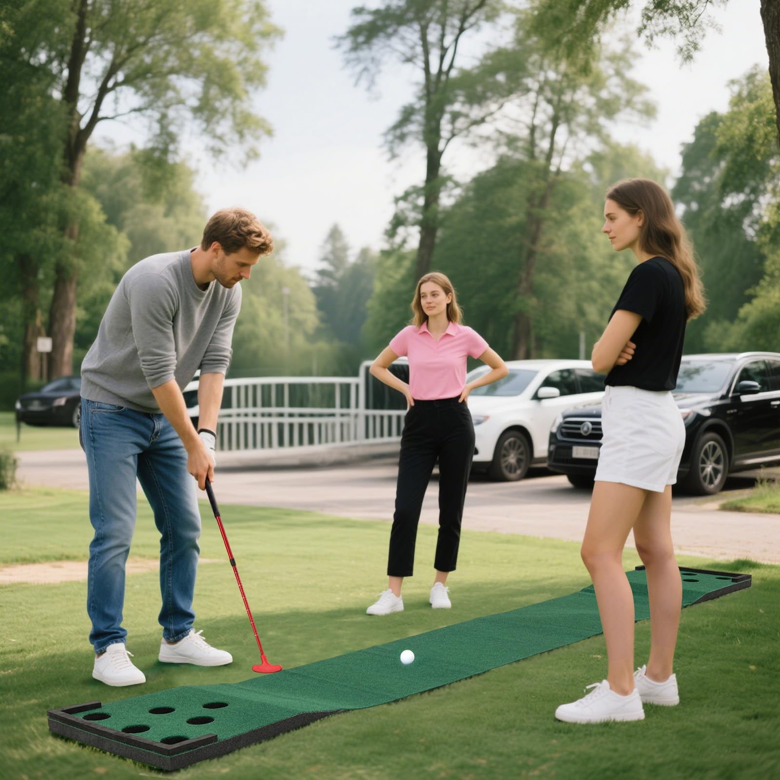 COSTWAY 332 x 50 cm Golf Pong Puttingmatte, Putting Green mit 2 verstellbaren Puttern, 6 Bällen & 12 Lochabdeckungen, tragbare Golfmatte Indoor & Outdoor, Trainingsmatte für Party, Garten