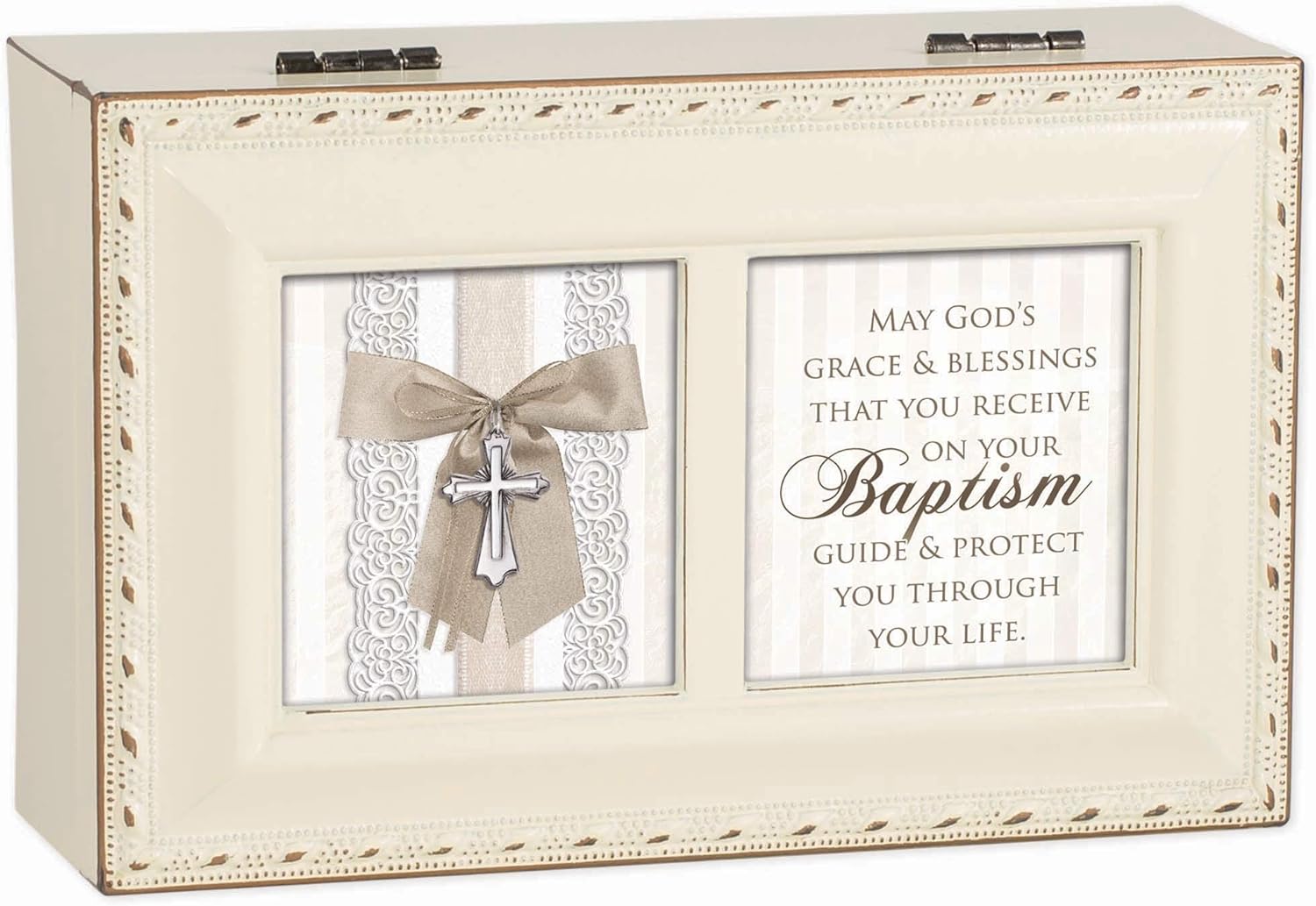 Cottage Garden May God's Grace Blessings Baptism Ivory Goldtone Trim Petite Jewelry Music Box Plays Jesus Loves Me