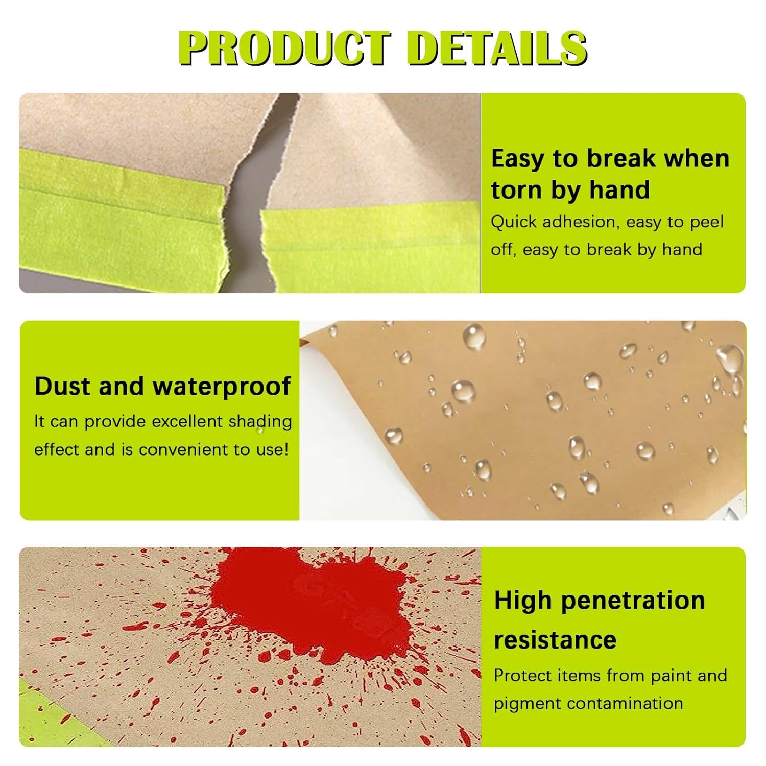 Pre-Taped Masking Paper for Painting, 6 inch x 50 feet Tape and Drape Painters Paper, Paint Adhesive Protective Paper Roll for Covering Skirting, Frames, Furniture and Auto Body (3 Rolls) Green