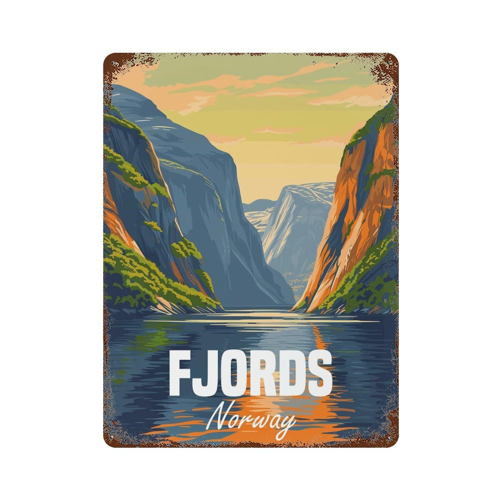 Garage Style Fjords Norway Distressed Metal Wall Sign 15.7"x11.8", Decorative Metal Wall Art for Bar And Workshop