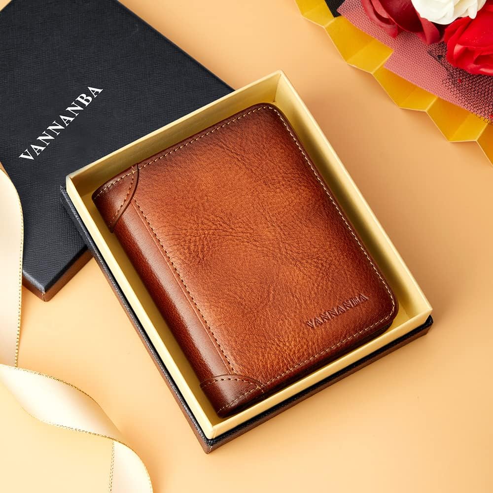 VANNANBA Trifold Wallet for Men RFID Blocking Leather Wallets,Large Capacity Wallet with Gift Box(Coffee) - Image 2
