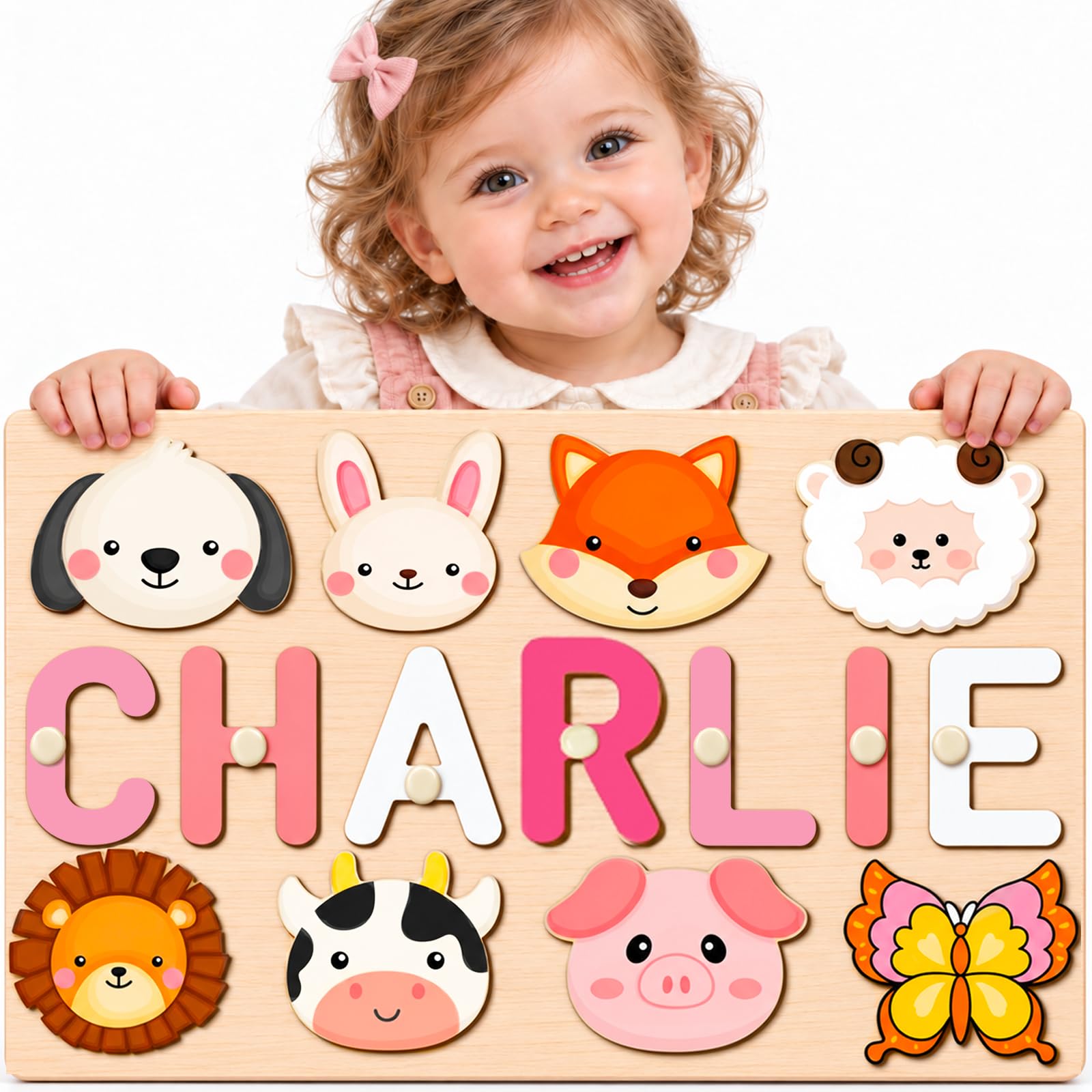 Personalized Name Puzzle for Toddlers 1-3 with Animal | 1 Year Old Birthday Girl Boy Gifts, Montessori Toys Personalized Baby Gifts, Custom Wooden Name Puzzle for Kids