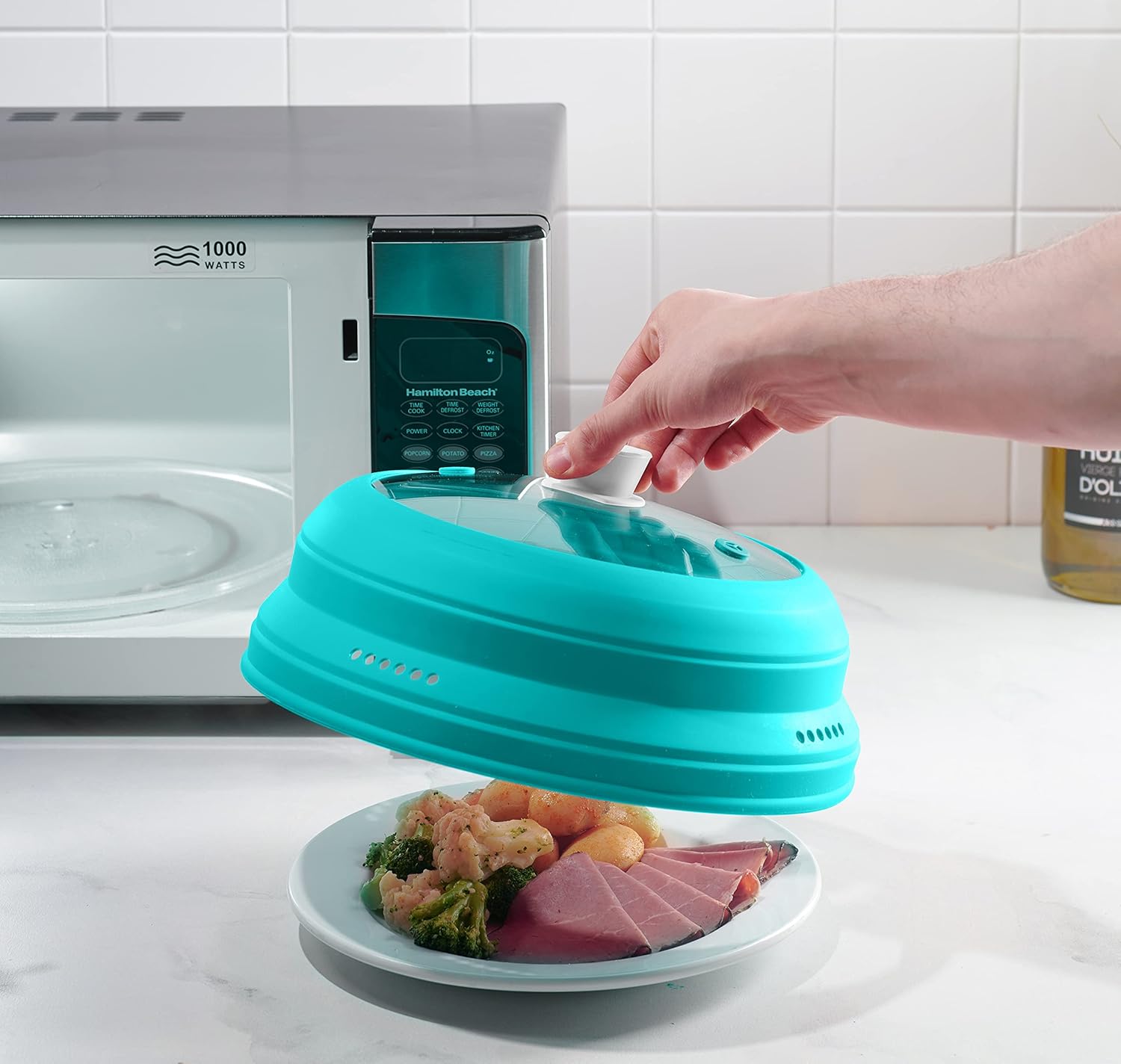 Microwave Splatter Cover, Microwave Cover for Food, Collapsible Plate Cover Lid with Easy Grip Handle, Safe Tempered Glass and Silicone, Pot Cover, Splatter Cover Guard - Large 12”
