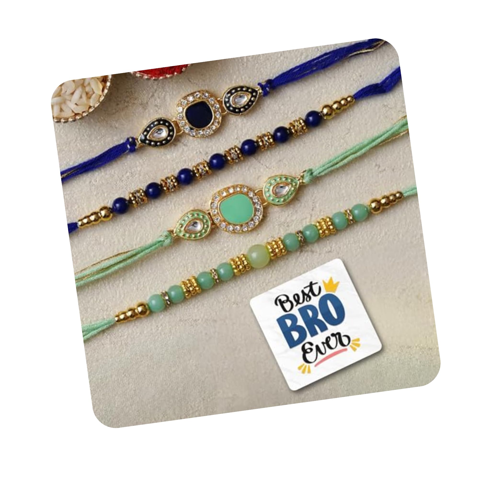 eCraftIndia Set of 4 Multicolor Beads Kundan Designer Rakhis, Best Bro Ever Fridge Magnet with Roli Chawal Pack - Rakhis for Brother, Bhabhi, Kids